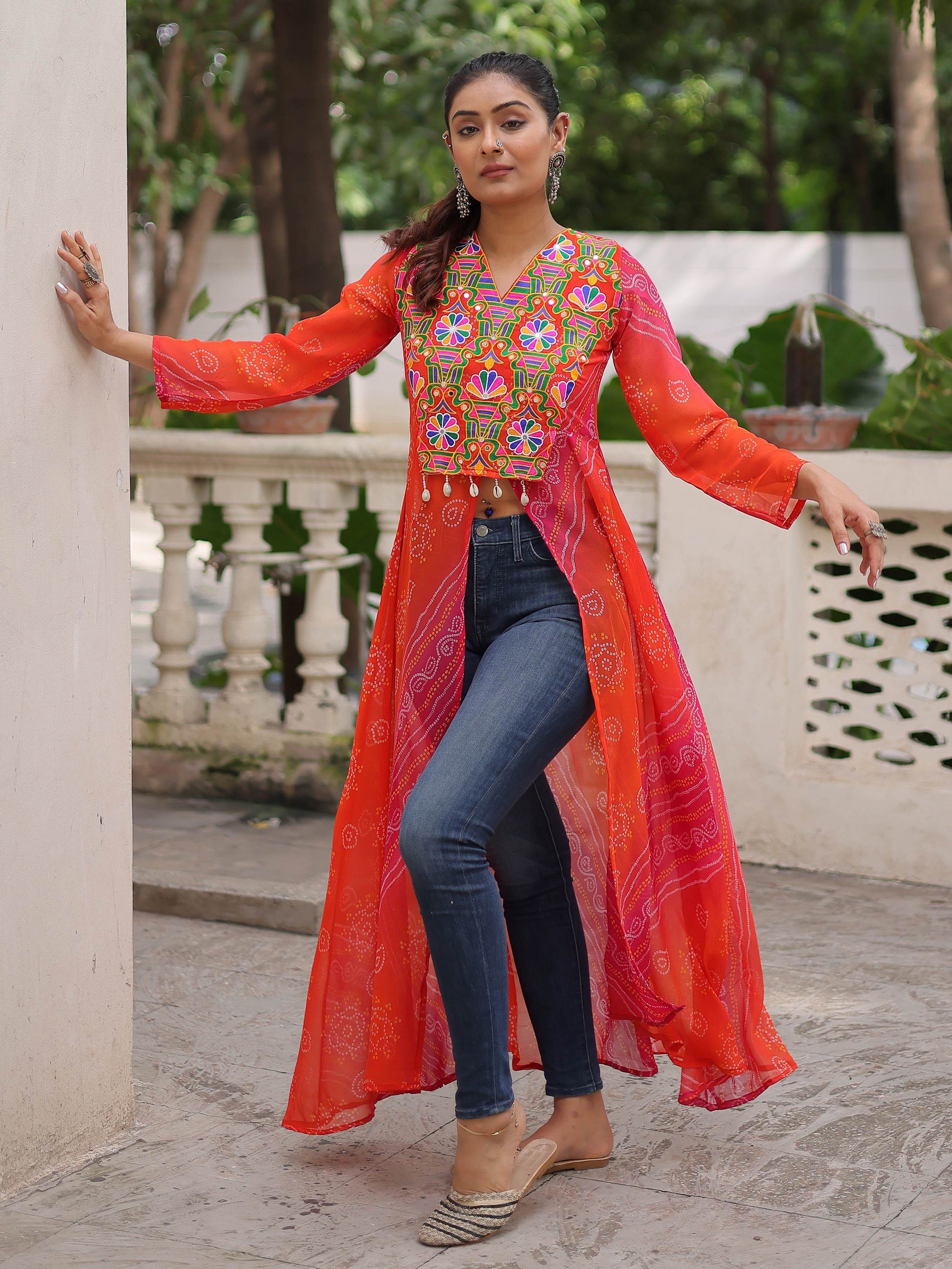 Artistic Pink Georgette Kutchi Work Navratri Wear Front Slit Kurti