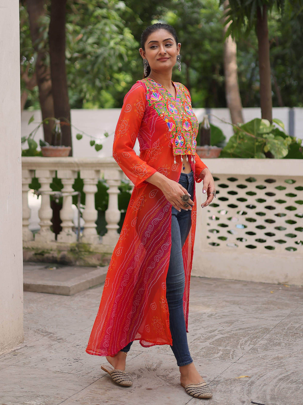 Artistic Pink Georgette Kutchi Work Navratri Wear Front Slit Kurti