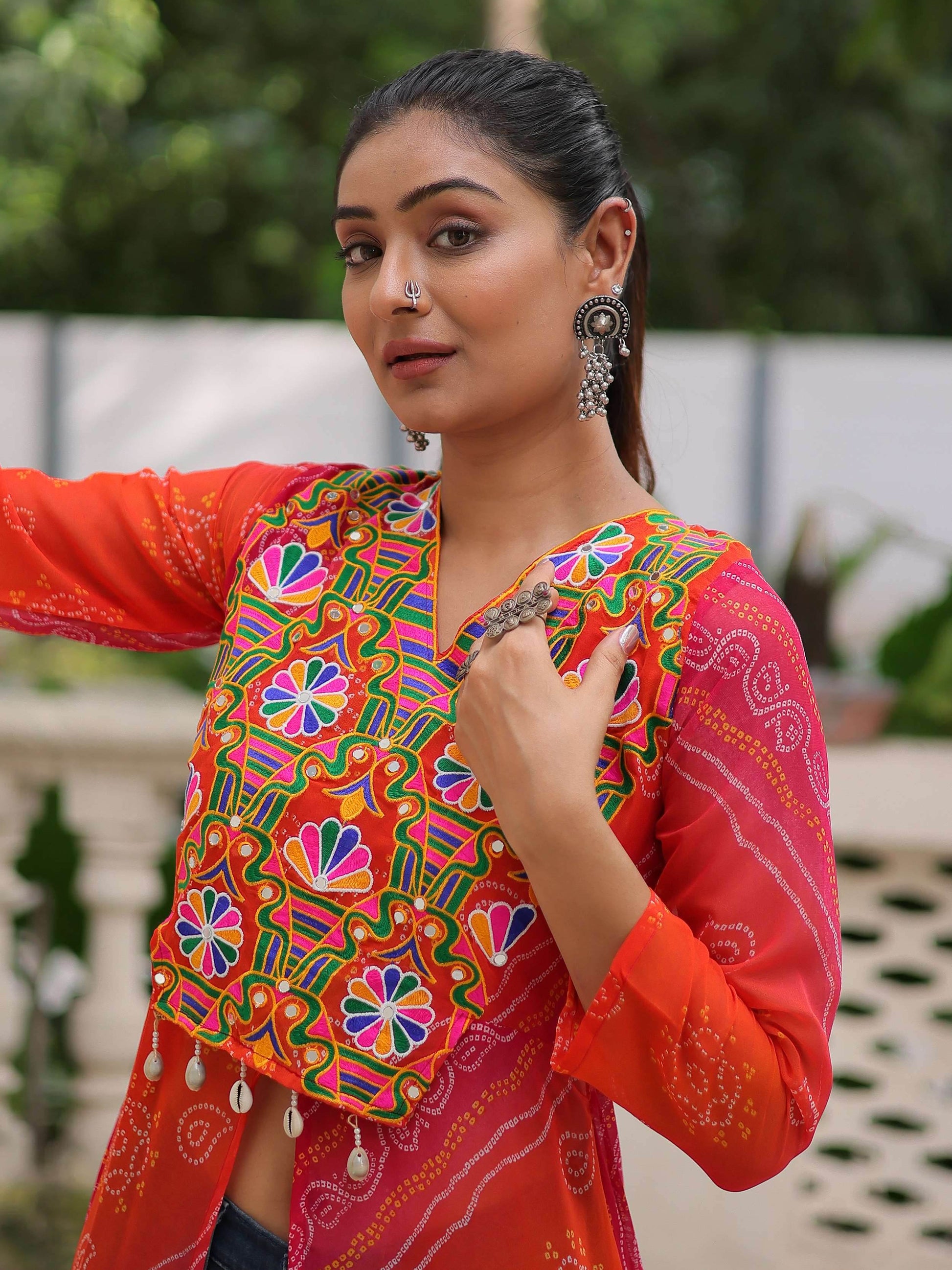 Artistic Pink Georgette Kutchi Work Navratri Wear Front Slit Kurti