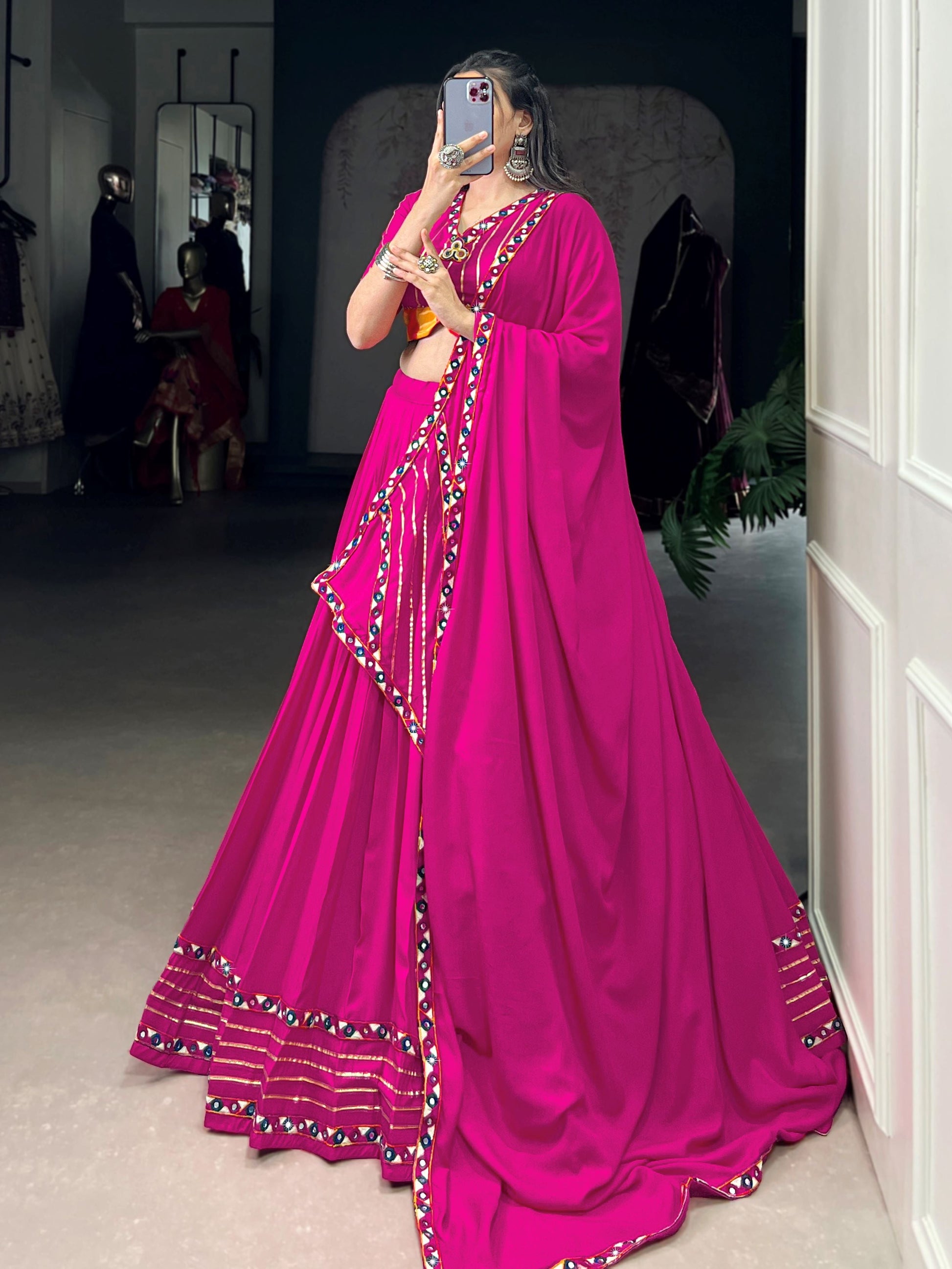 Dazzling Pink Rayon Gamthi Work Lehenga Choli With Dupatta