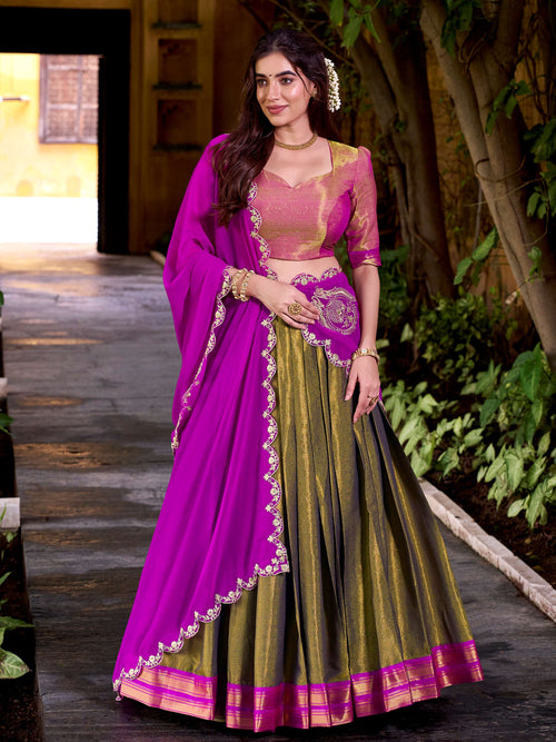 Adorable Mehendi Kanchipuram Silk Onam Wear Half Saree Lehenga
