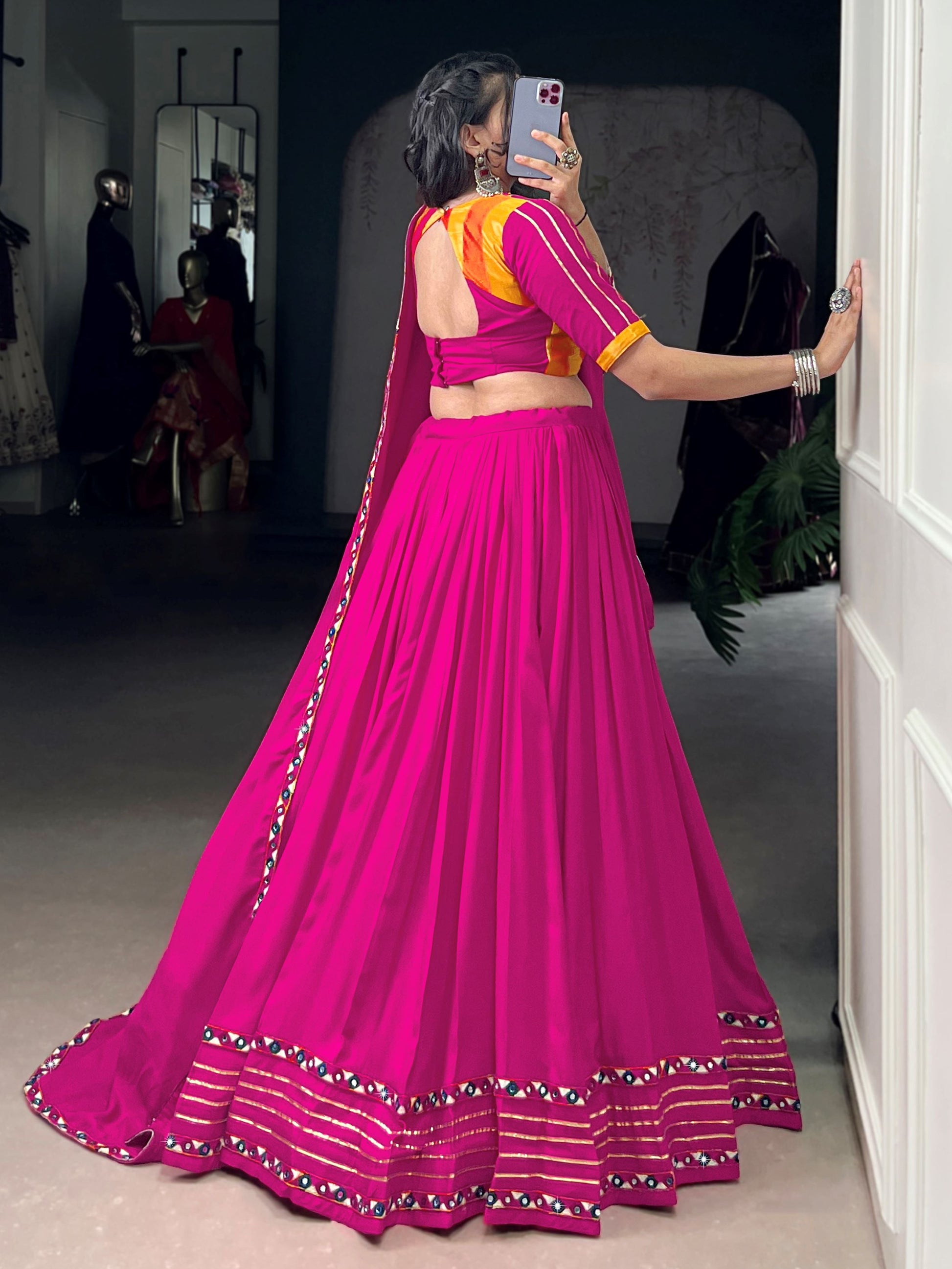 Dazzling Pink Rayon Gamthi Work Lehenga Choli With Dupatta