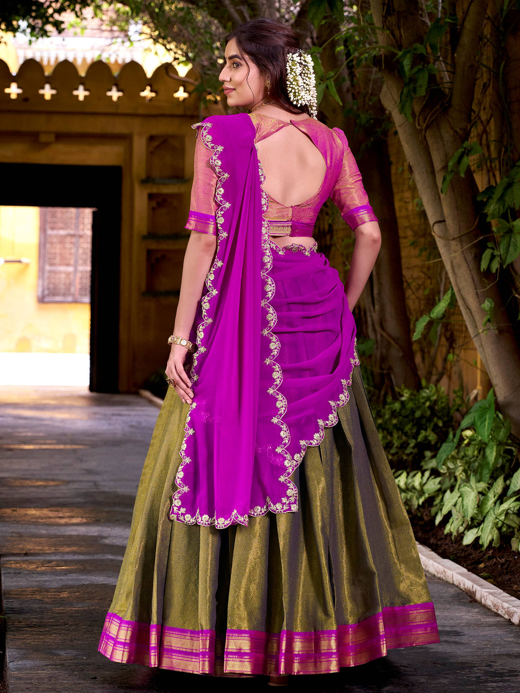 Adorable Mehendi Kanchipuram Silk Onam Wear Half Saree Lehenga