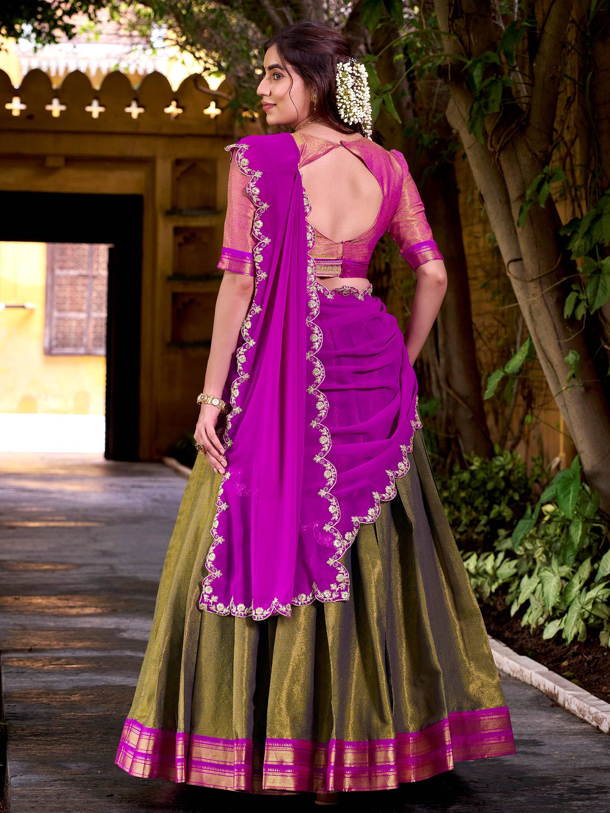 Adorable Mehendi Kanchipuram Silk Onam Wear Half Saree Lehenga