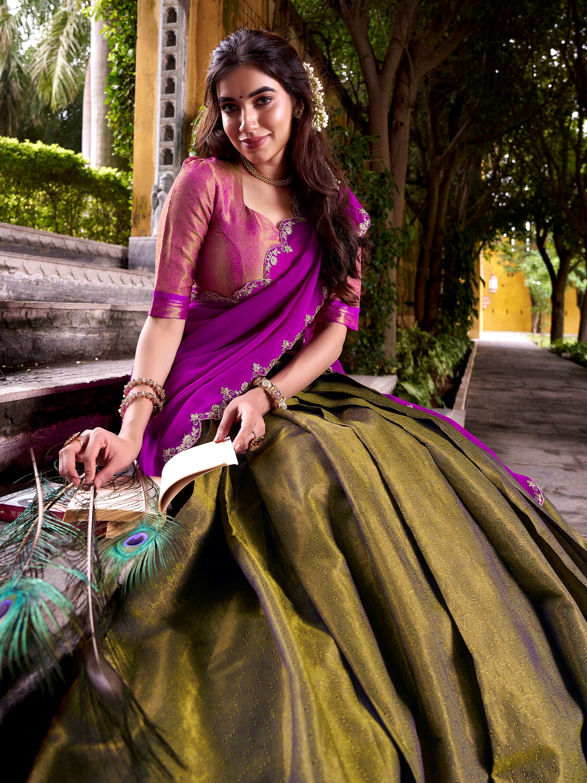 Adorable Mehendi Kanchipuram Silk Onam Wear Half Saree Lehenga