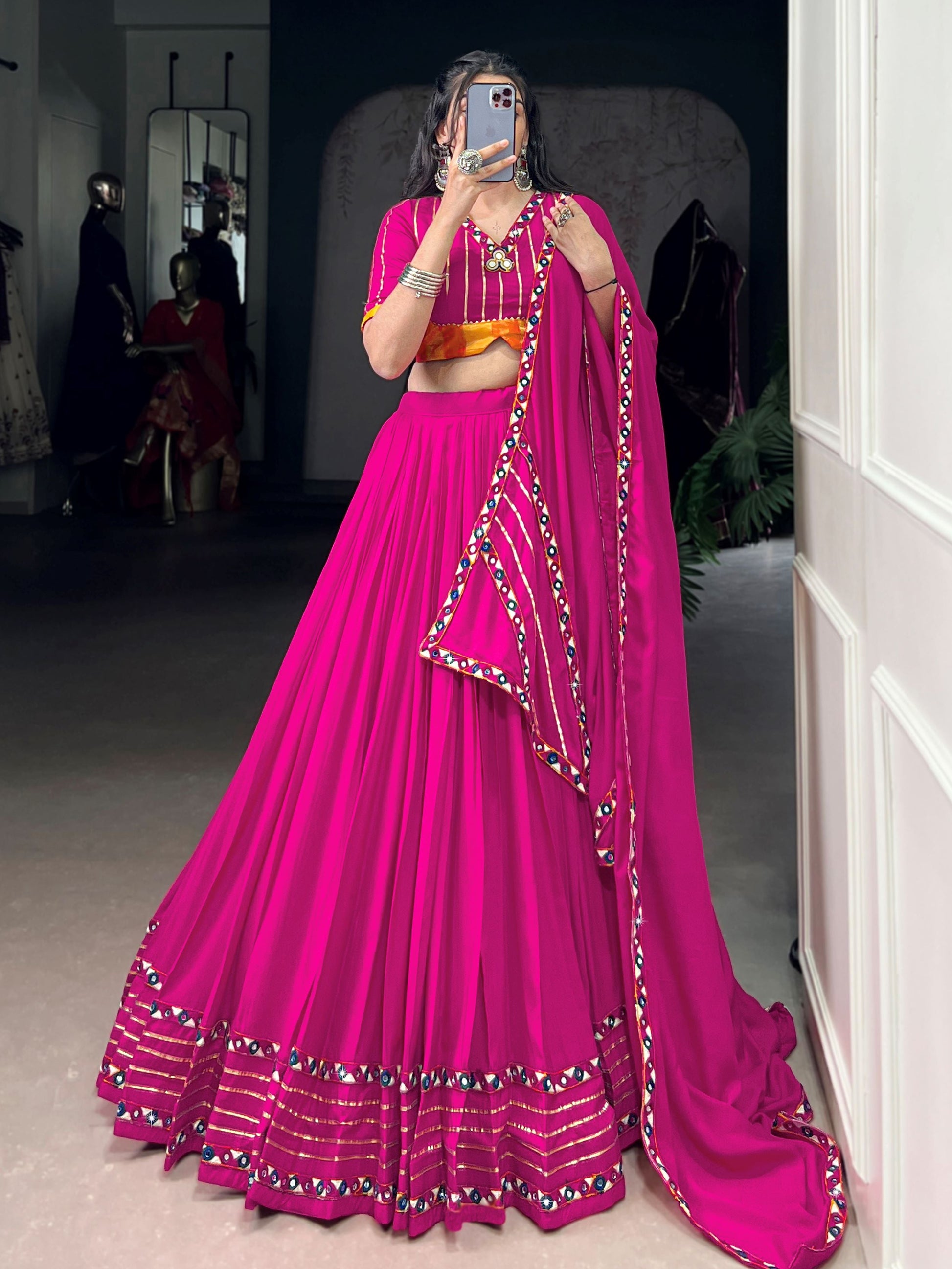 Dazzling Pink Rayon Gamthi Work Lehenga Choli With Dupatta