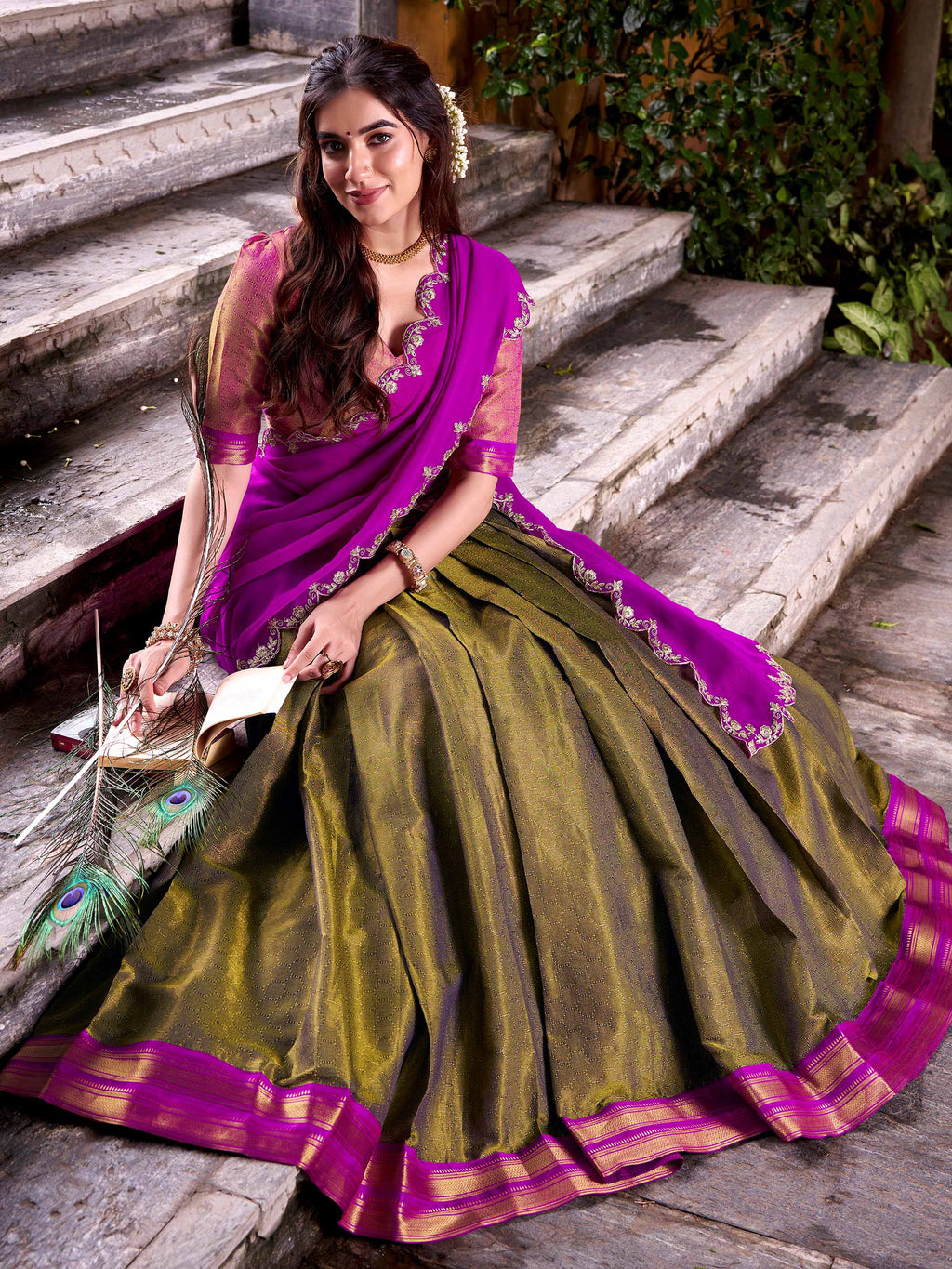 Adorable Mehendi Kanchipuram Silk Onam Wear Half Saree Lehenga