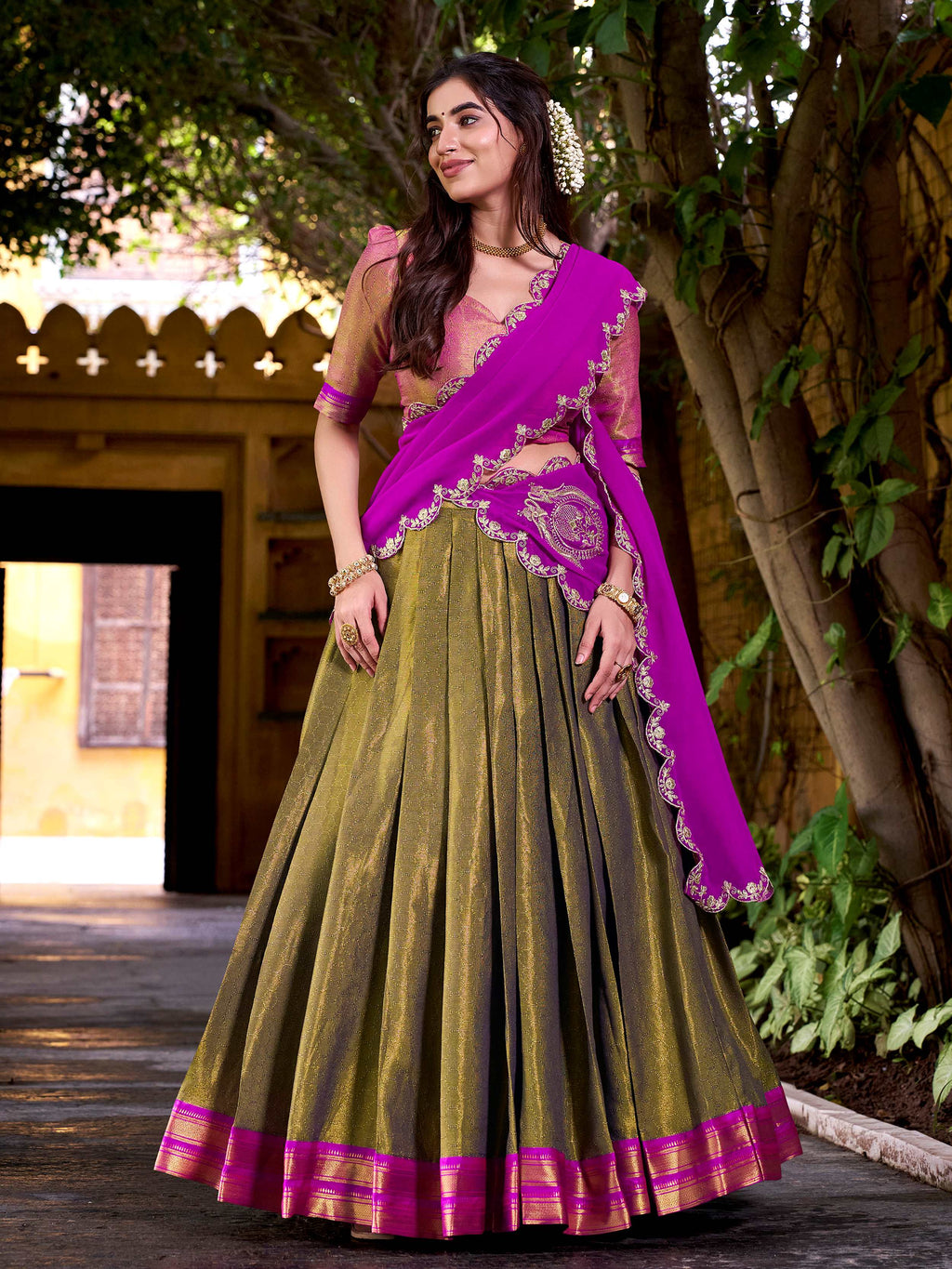 Adorable Mehendi Kanchipuram Silk Onam Wear Half Saree Lehenga