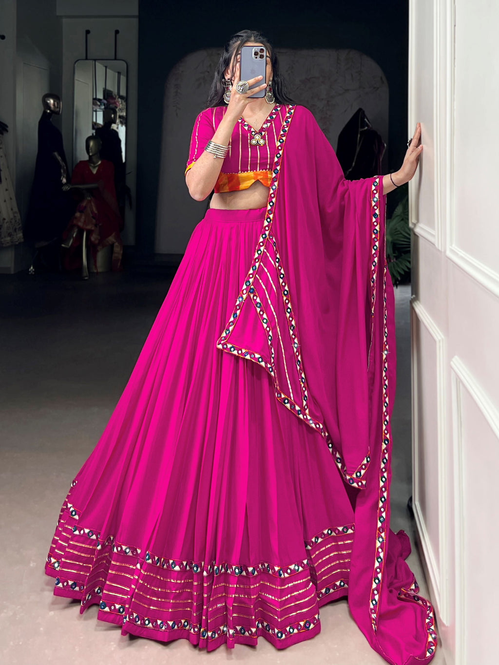 Dazzling Pink Rayon Gamthi Work Lehenga Choli With Dupatta