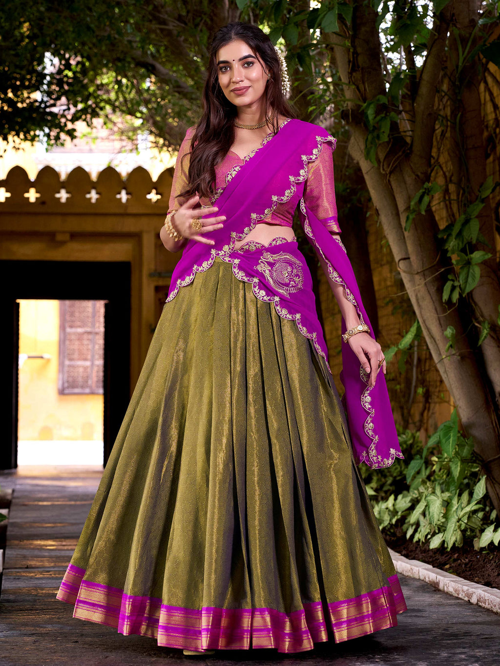 Adorable Mehendi Kanchipuram Silk Onam Wear Half Saree Lehenga