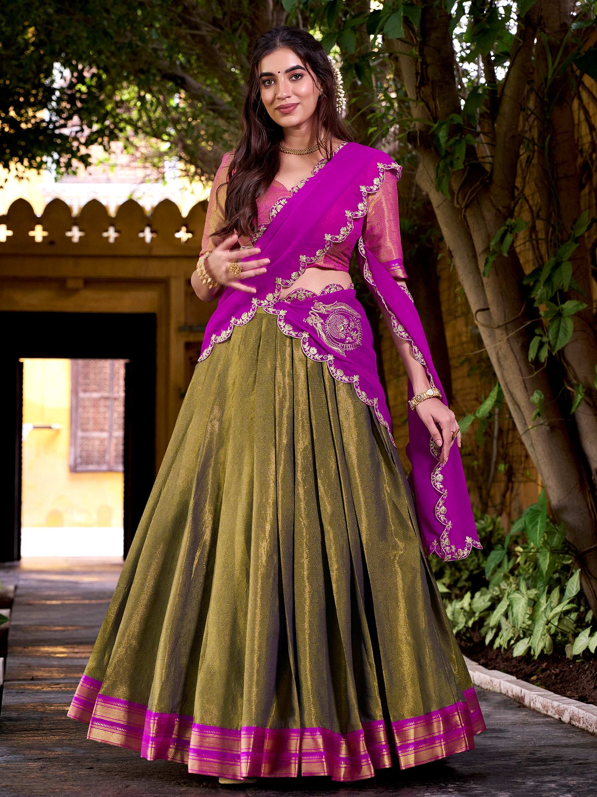 Adorable Mehendi Kanchipuram Silk Onam Wear Half Saree Lehenga