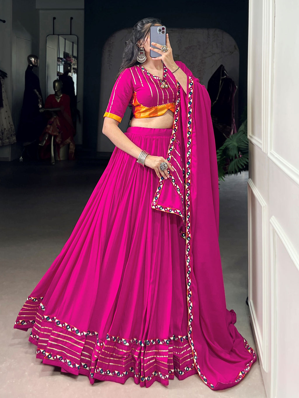 Dazzling Pink Rayon Gamthi Work Lehenga Choli With Dupatta