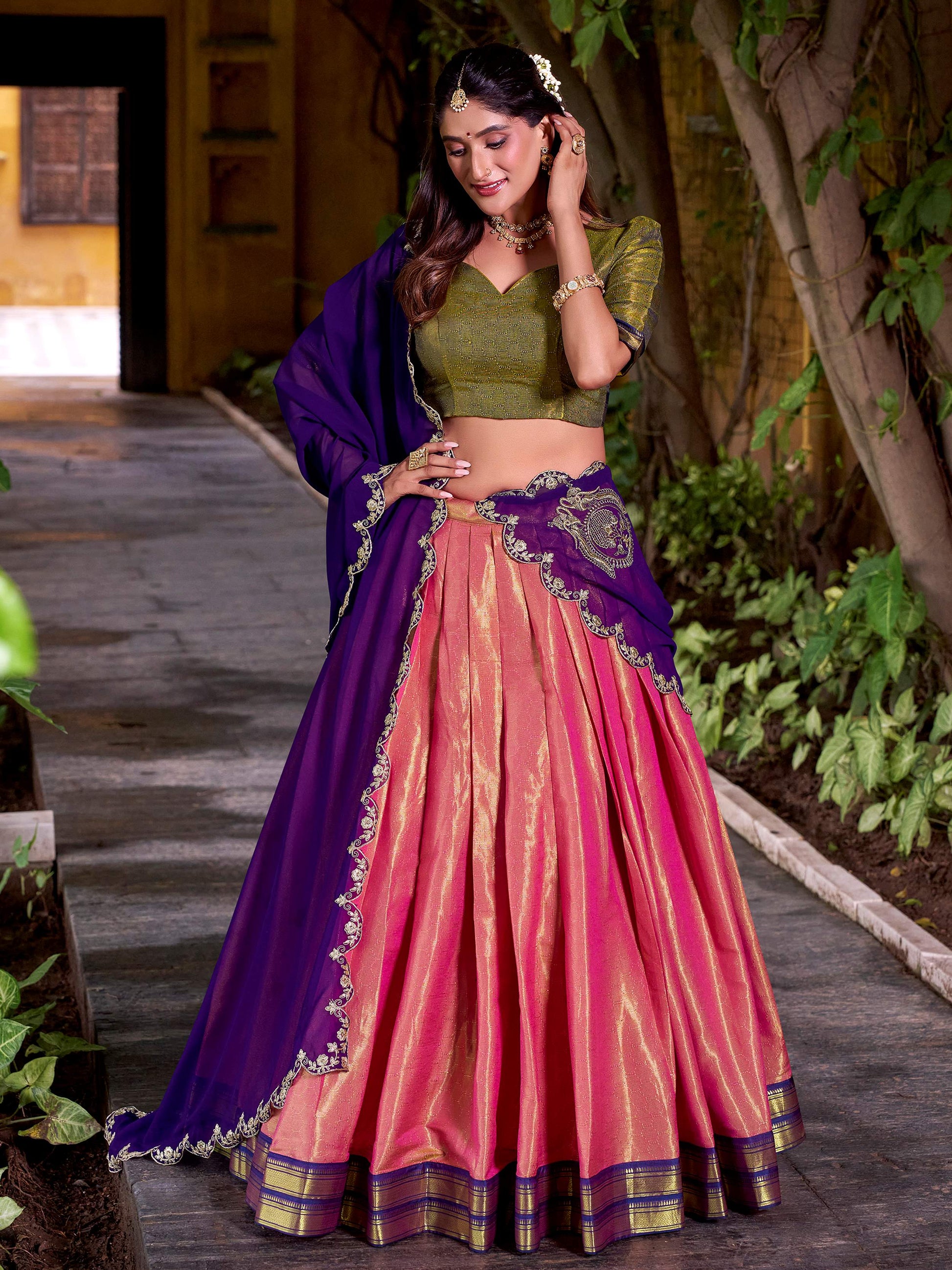 Enchanting Peach Zari Weaving Festive Half Saree Lehenga Choli