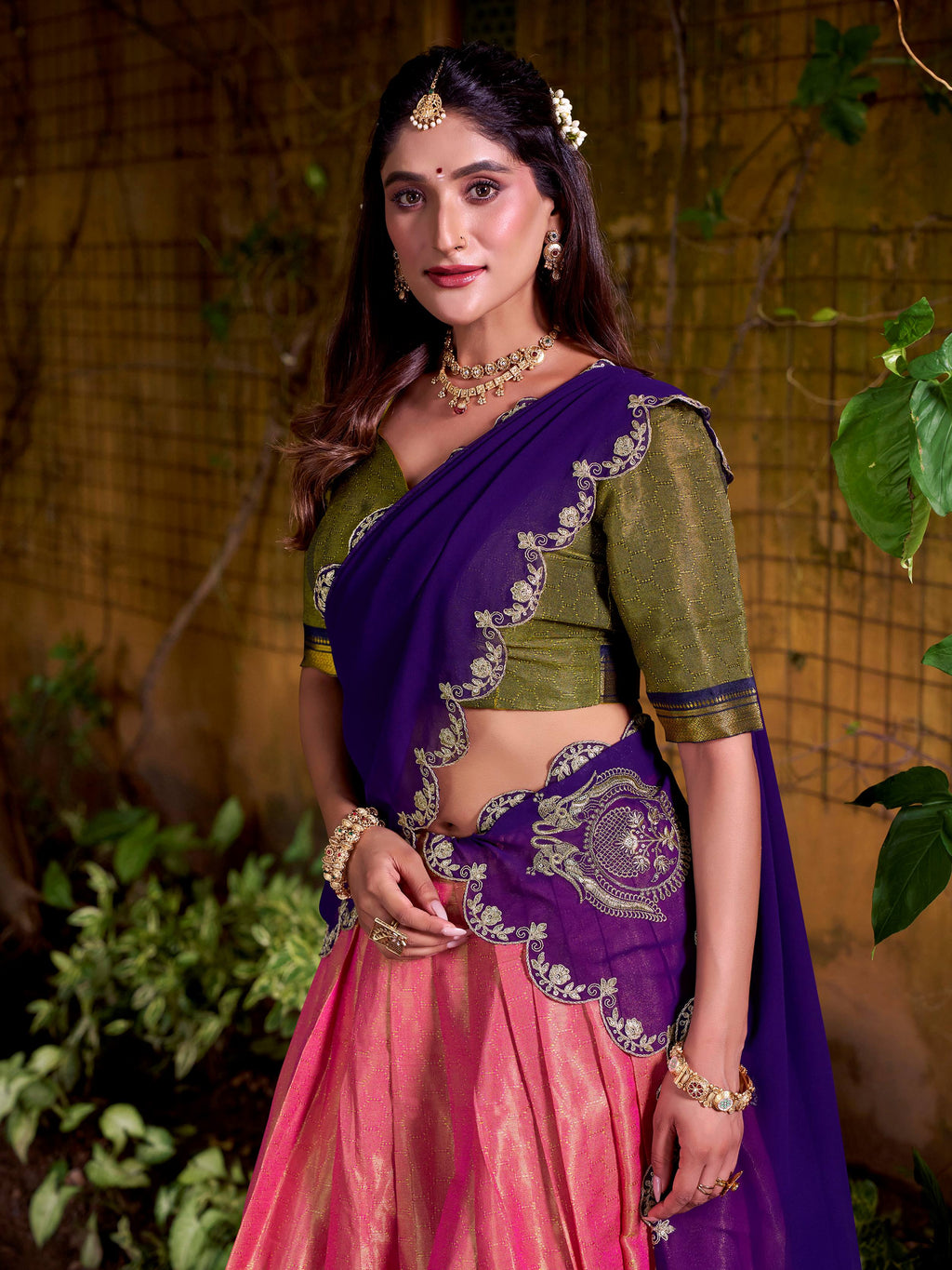 Enchanting Peach Zari Weaving Festive Half Saree Lehenga Choli