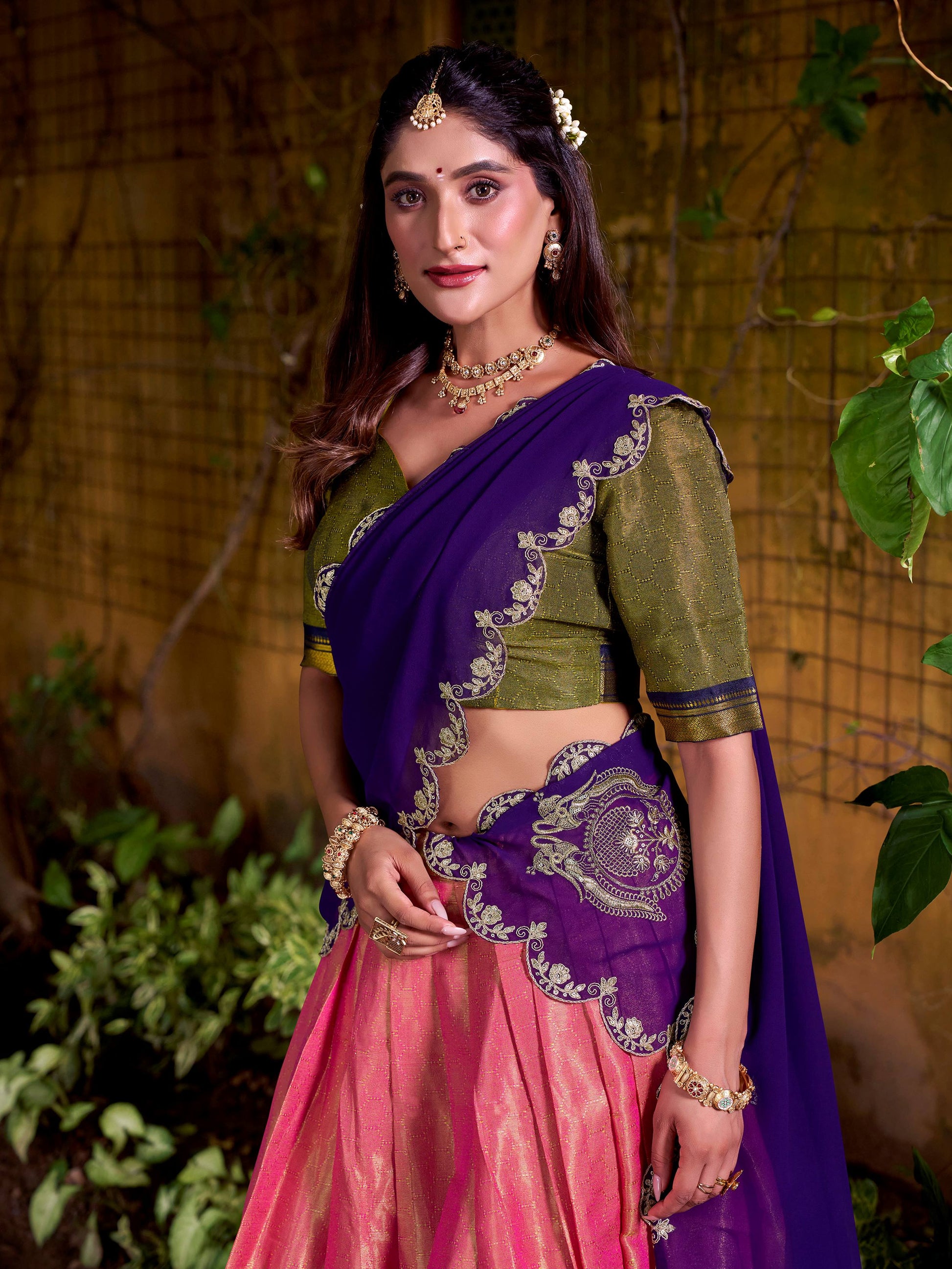 Enchanting Peach Zari Weaving Festive Half Saree Lehenga Choli