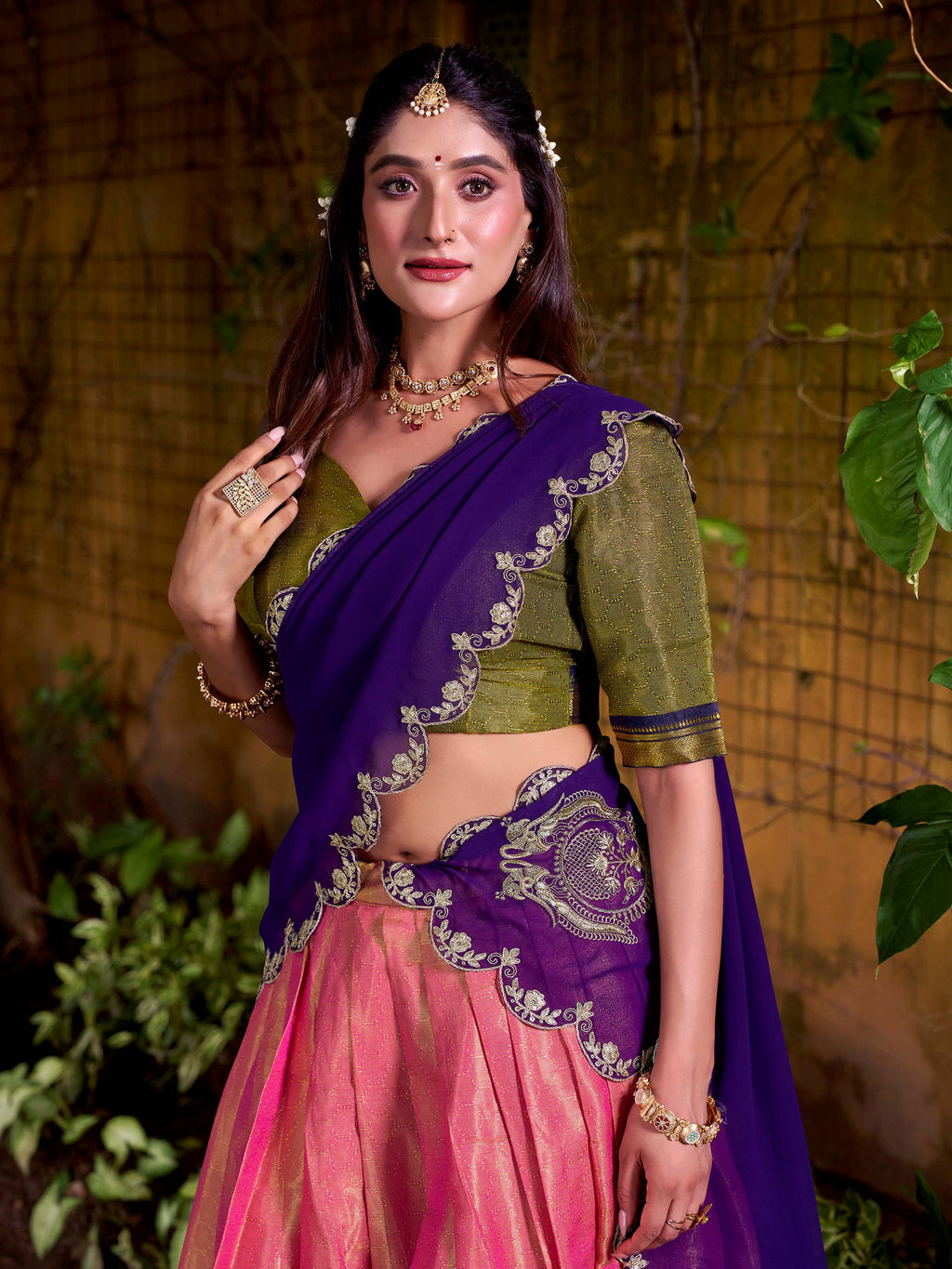 Enchanting Peach Zari Weaving Festive Half Saree Lehenga Choli