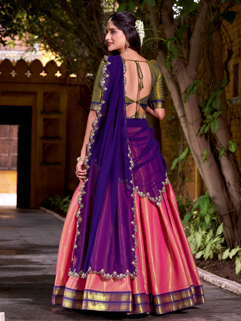 Enchanting Peach Zari Weaving Festive Half Saree Lehenga Choli