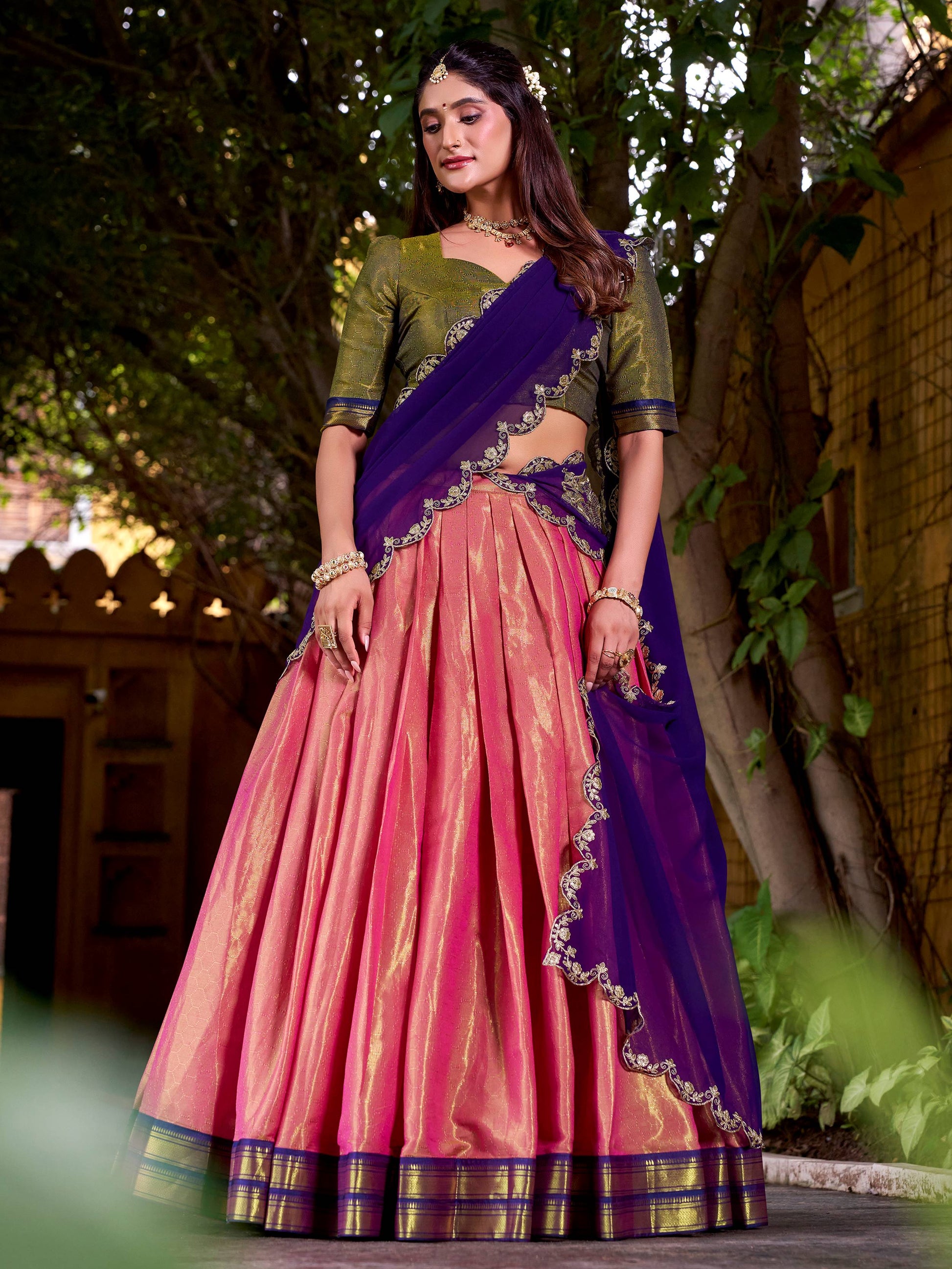 Enchanting Peach Zari Weaving Festive Half Saree Lehenga Choli
