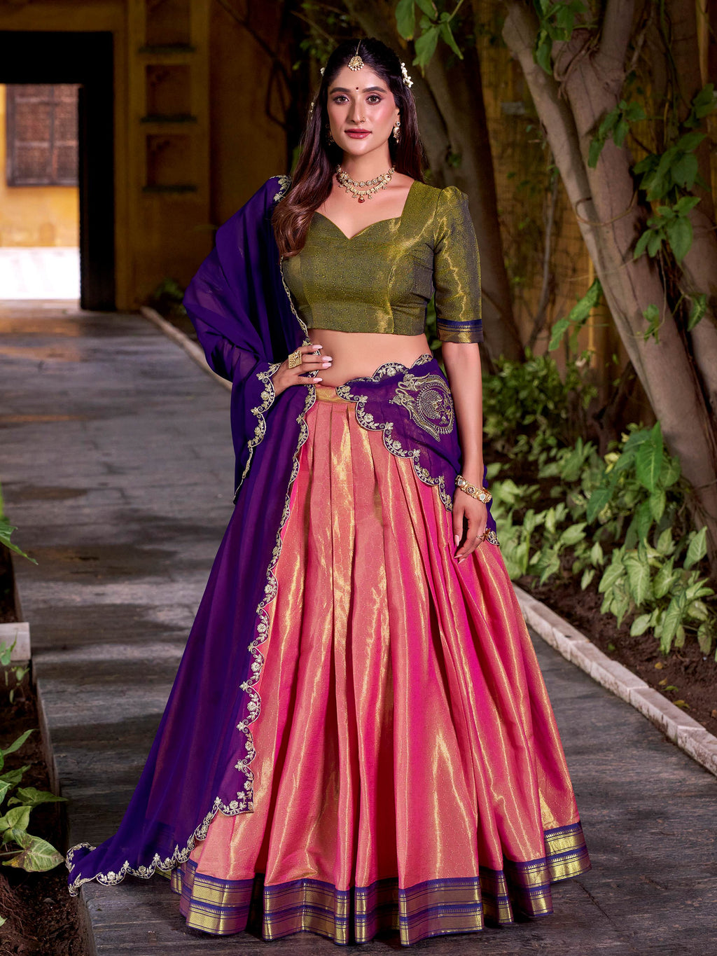 Enchanting Peach Zari Weaving Festive Half Saree Lehenga Choli