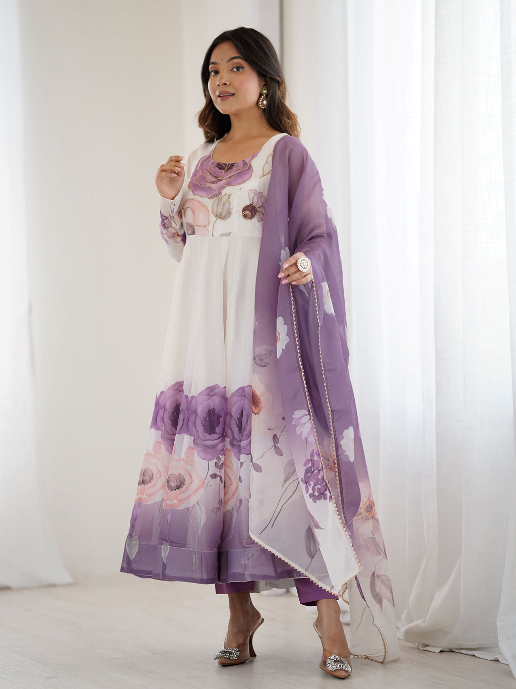 Pretty Purple Flower Printed Organza Traditional Anarkali Suit