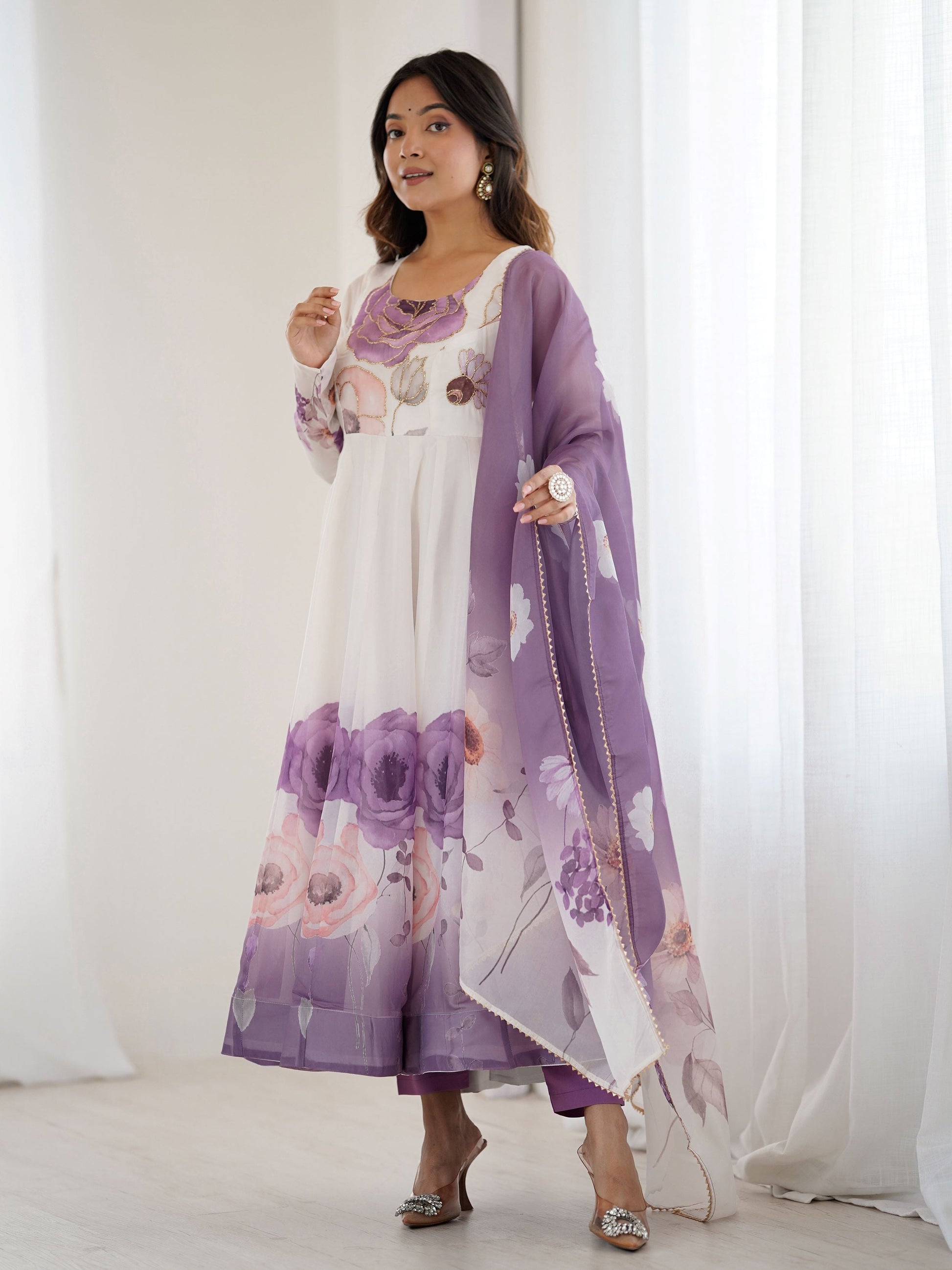 Pretty Purple Flower Printed Organza Traditional Anarkali Suit