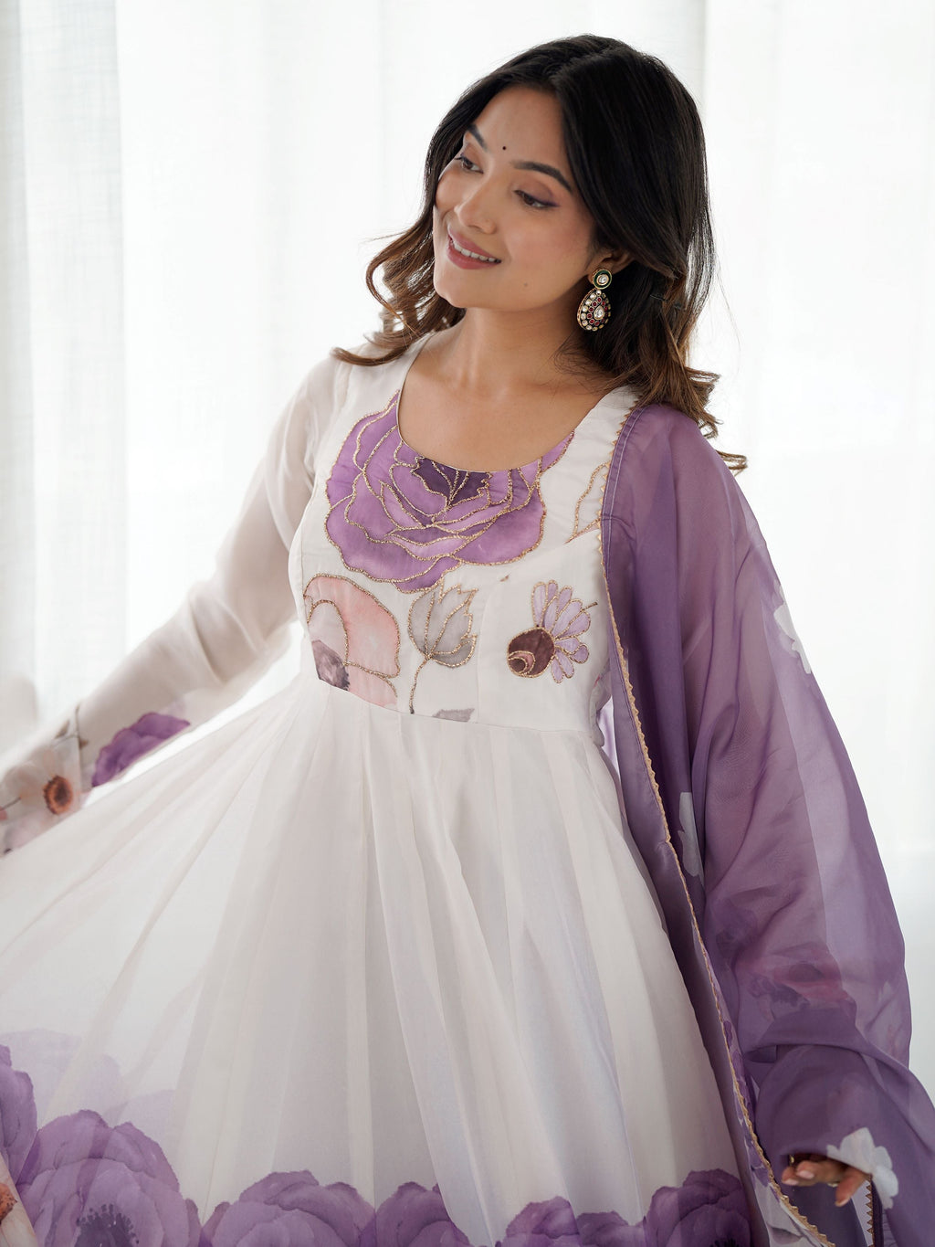 Pretty Purple Flower Printed Organza Traditional Anarkali Suit