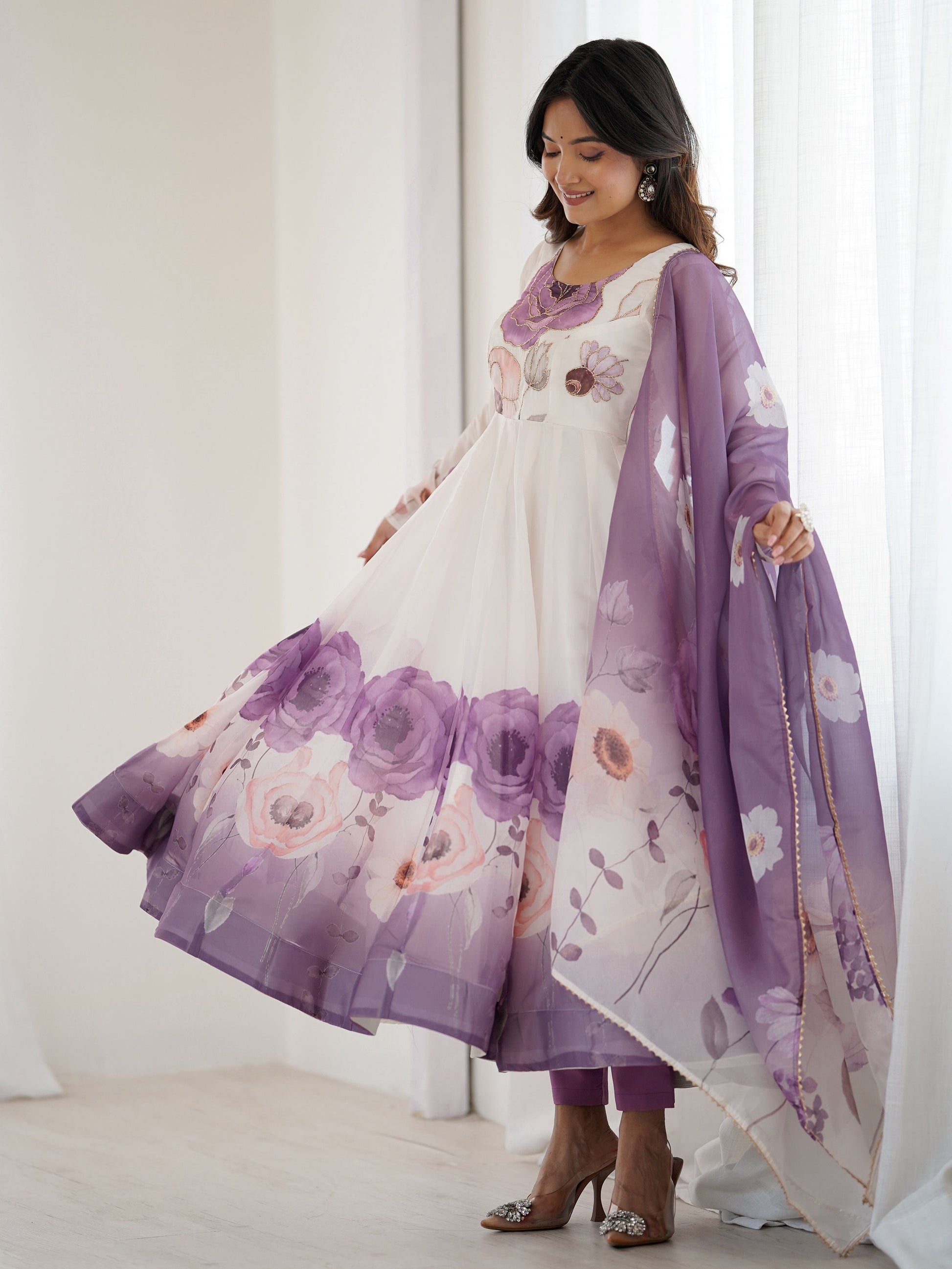 Pretty Purple Flower Printed Organza Traditional Anarkali Suit