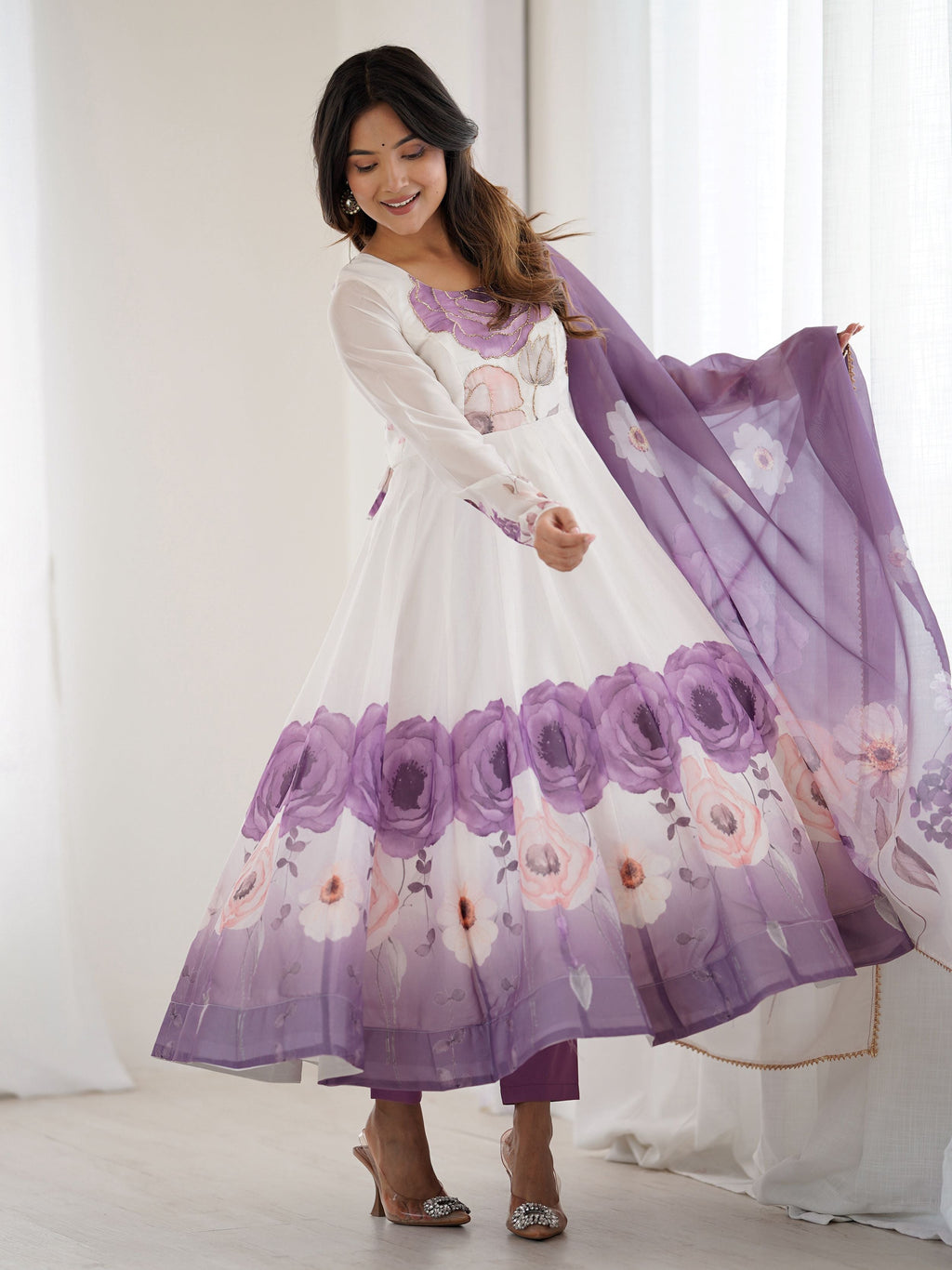 Pretty Purple Flower Printed Organza Traditional Anarkali Suit