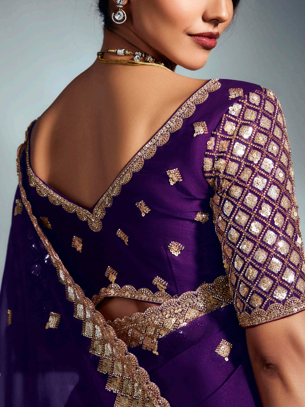 Beautiful Purple Organza Sequins Embroidered Saree With Blouse