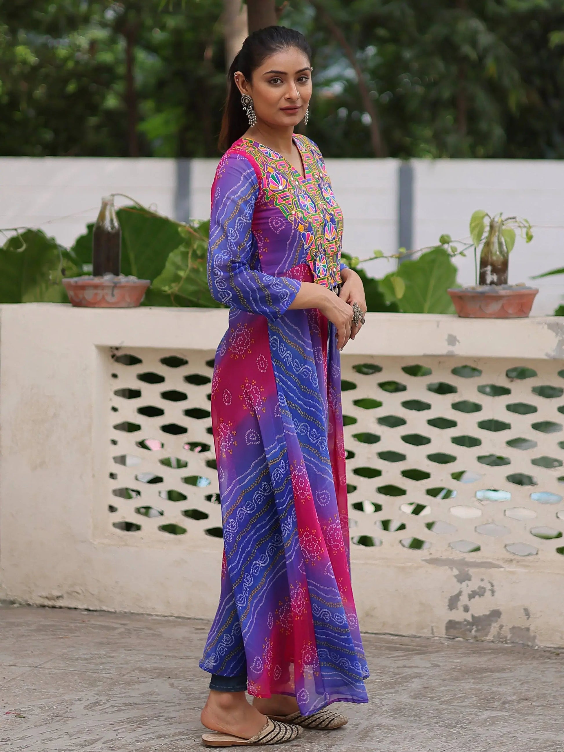 Dazzling Purple Georgette Patch Work High Slit Traditional Kurti