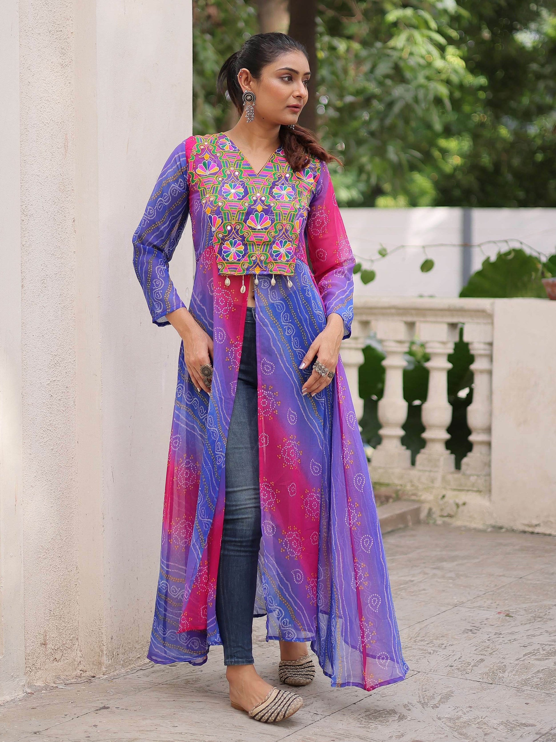 Dazzling Purple Georgette Patch Work High Slit Traditional Kurti