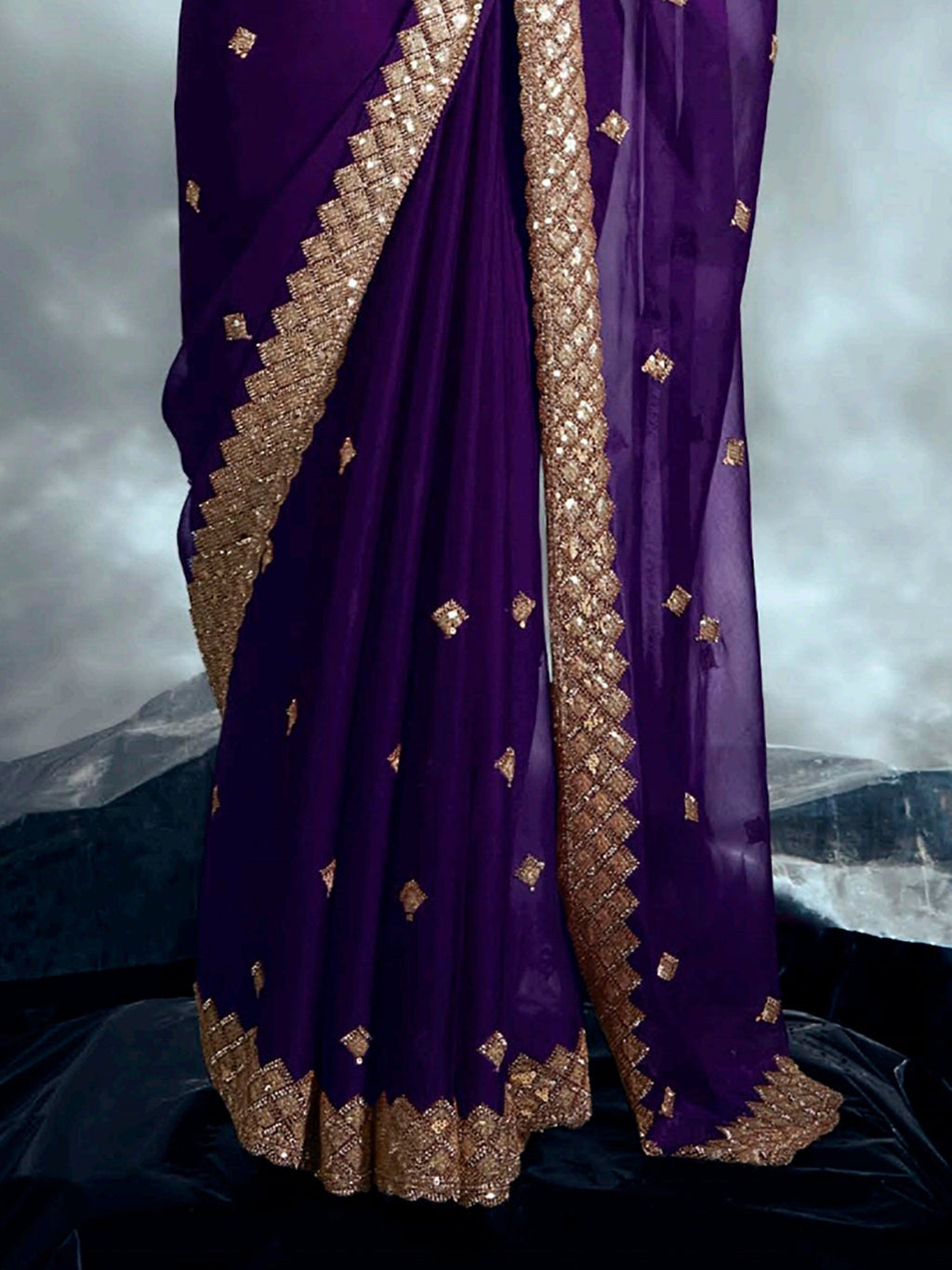 Beautiful Purple Organza Sequins Embroidered Saree With Blouse
