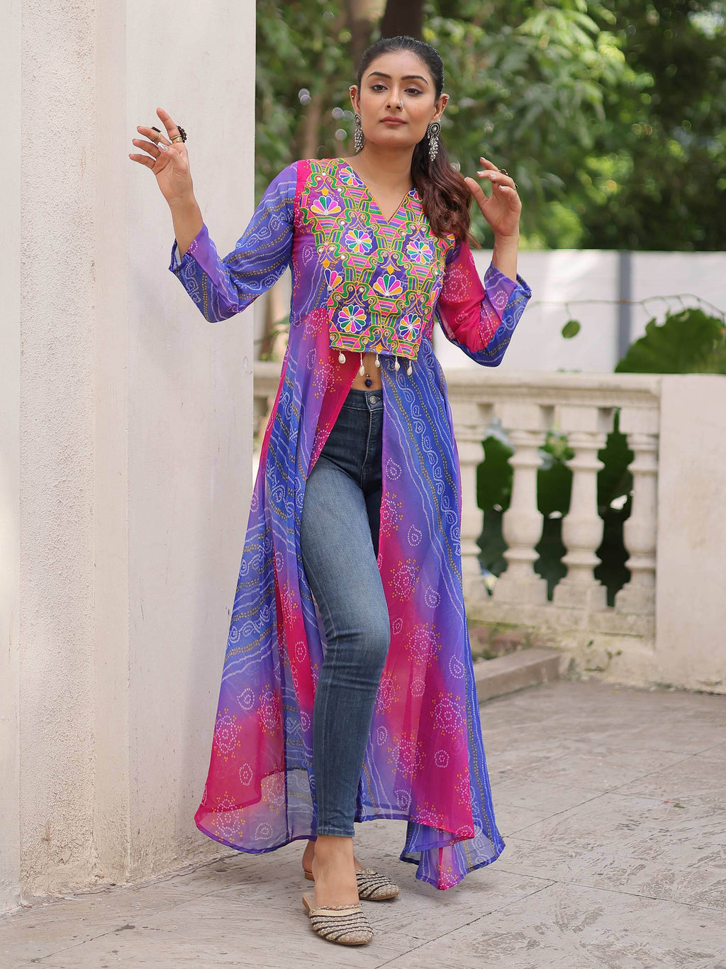 Dazzling Purple Georgette Patch Work High Slit Traditional Kurti