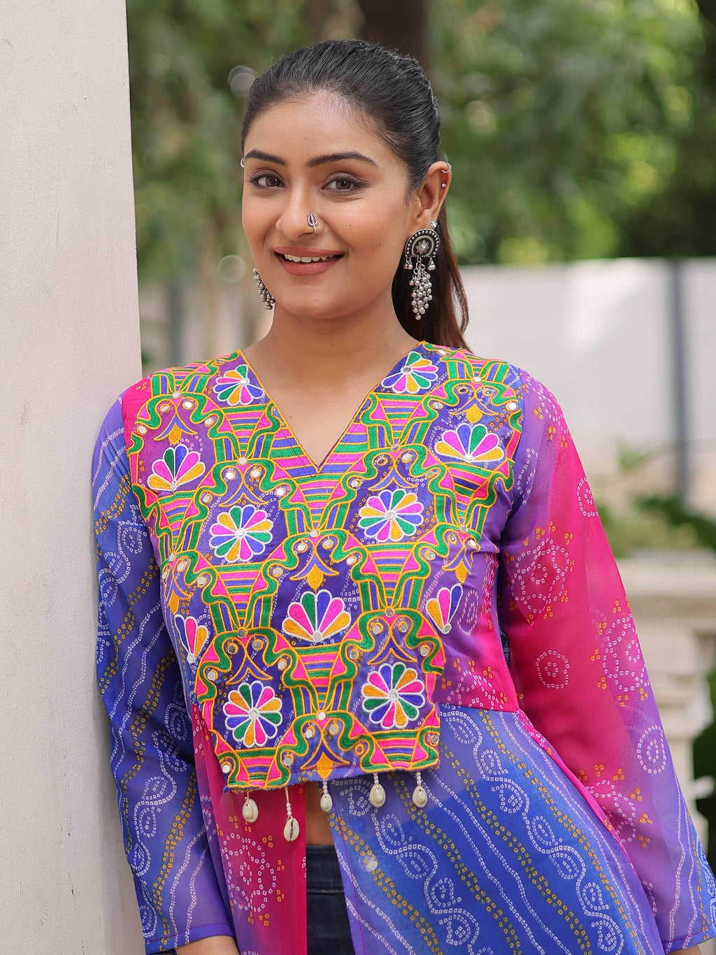 Dazzling Purple Georgette Patch Work High Slit Traditional Kurti