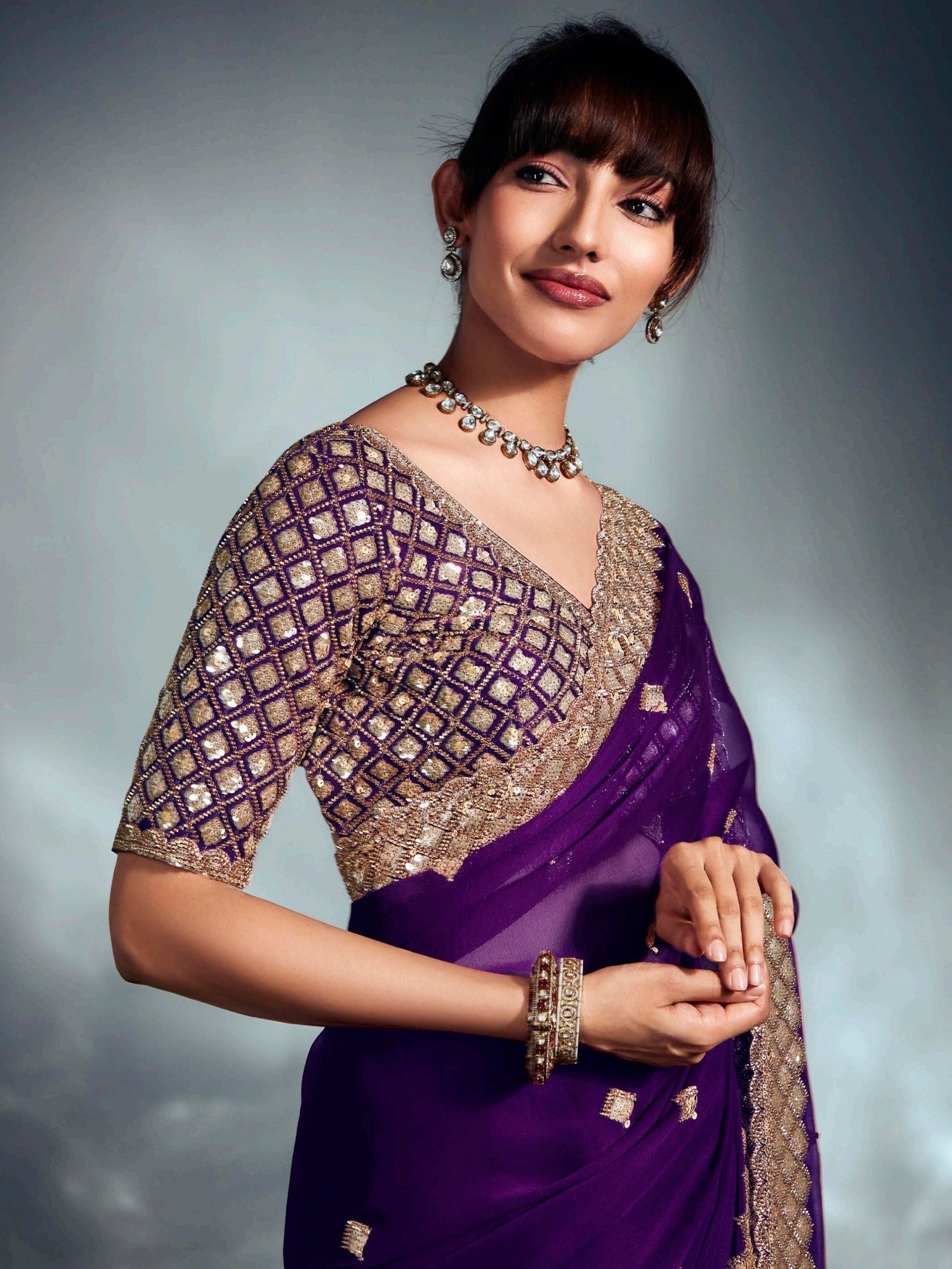 Beautiful Purple Organza Sequins Embroidered Saree With Blouse