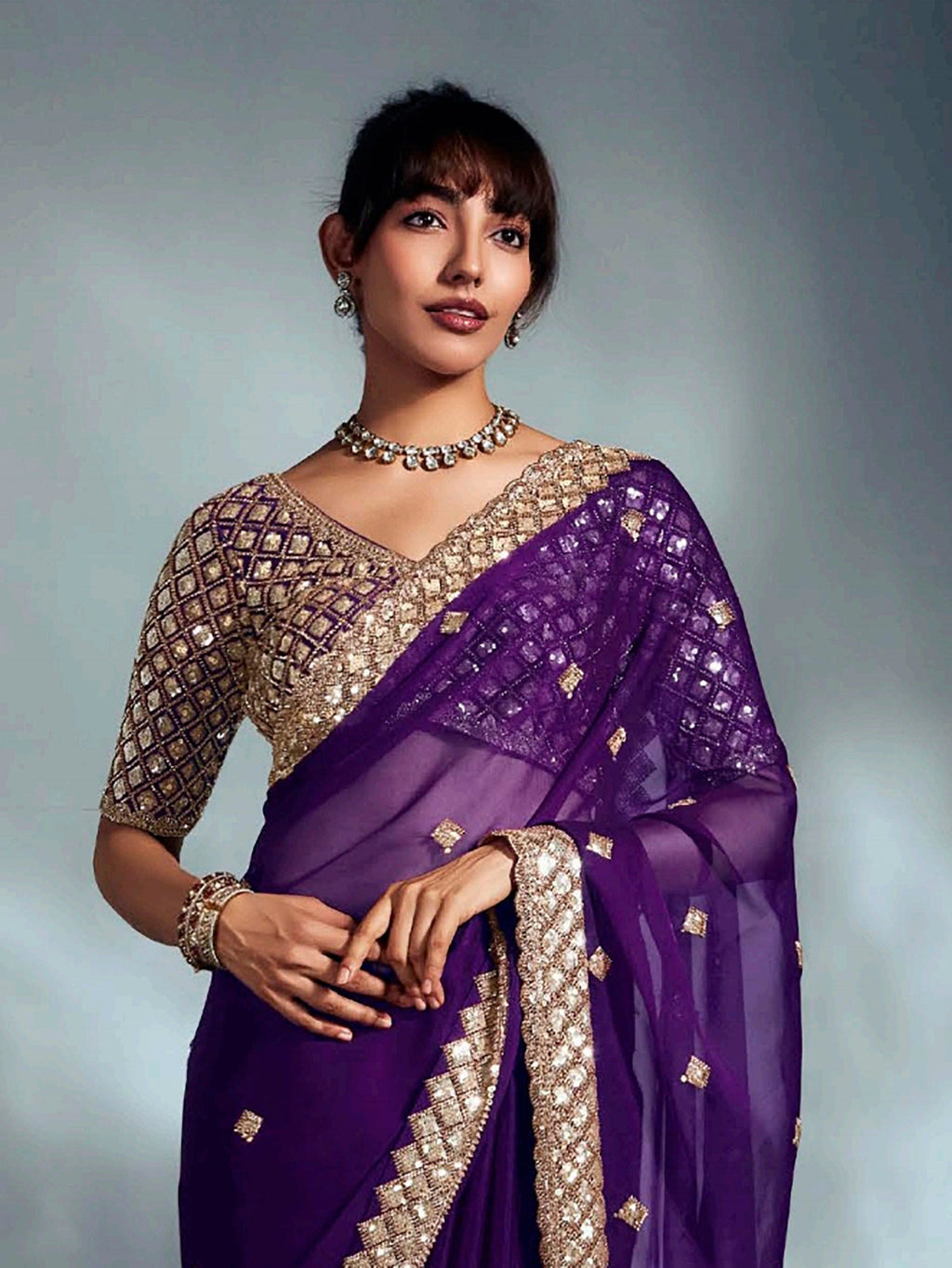 Beautiful Purple Organza Sequins Embroidered Saree With Blouse