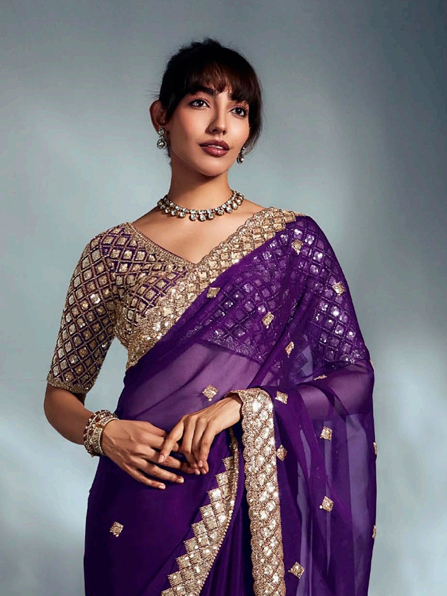 Beautiful Purple Organza Sequins Embroidered Saree With Blouse
