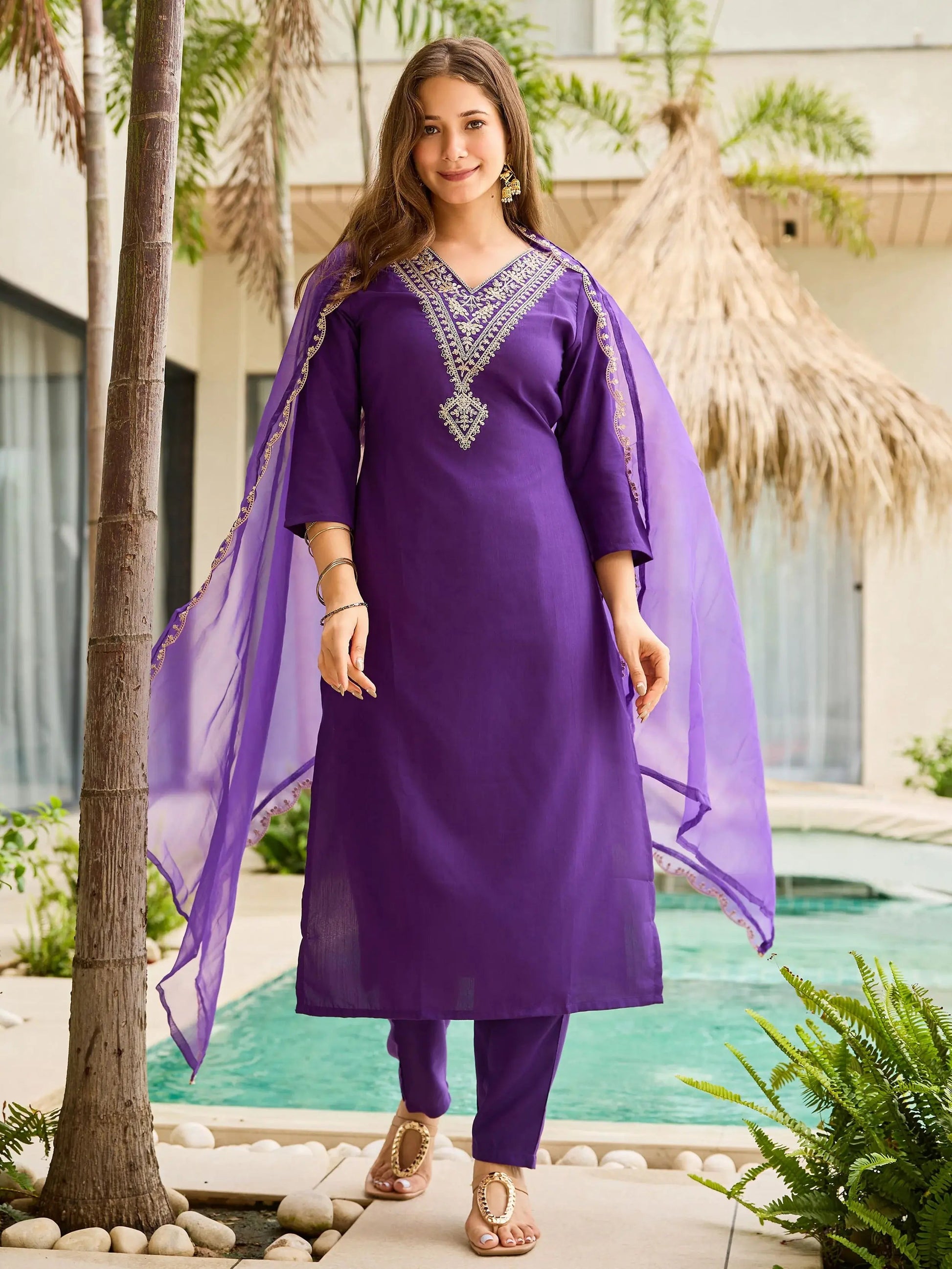 Gleaming Purple Rayon Embroidered Festival Wear Straight Suit