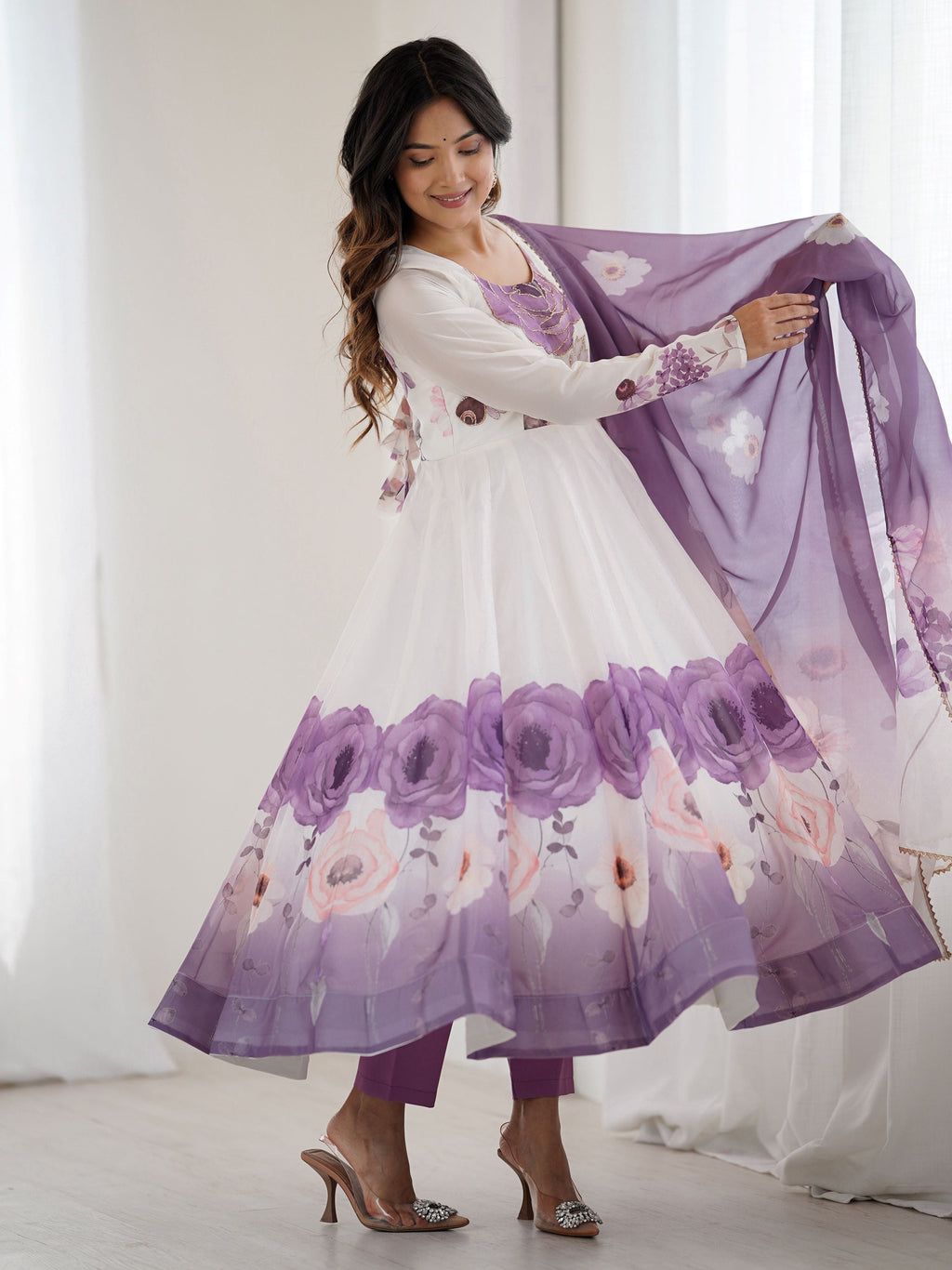 Pretty Purple Flower Printed Organza Traditional Anarkali Suit