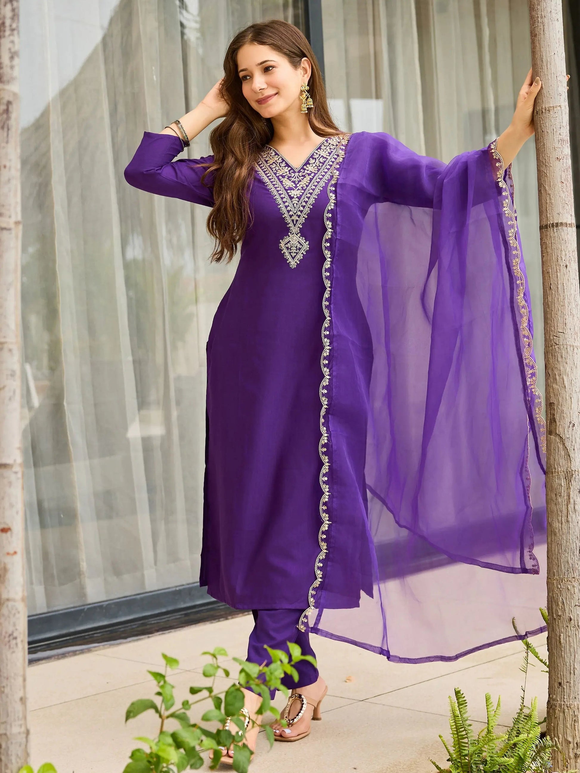 Gleaming Purple Rayon Embroidered Festival Wear Straight Suit