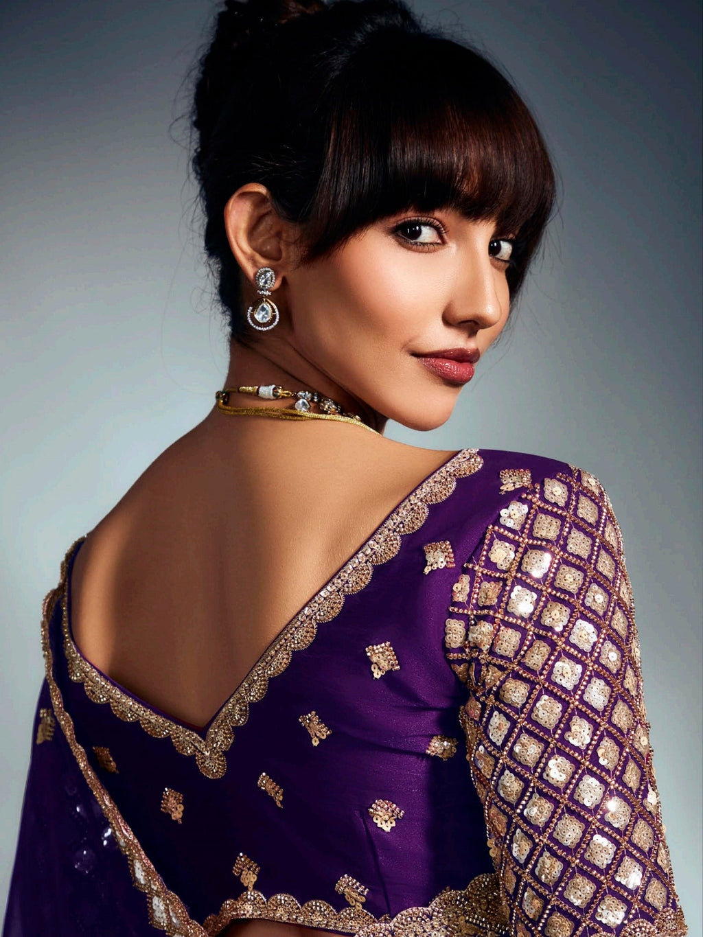 Beautiful Purple Organza Sequins Embroidered Saree With Blouse