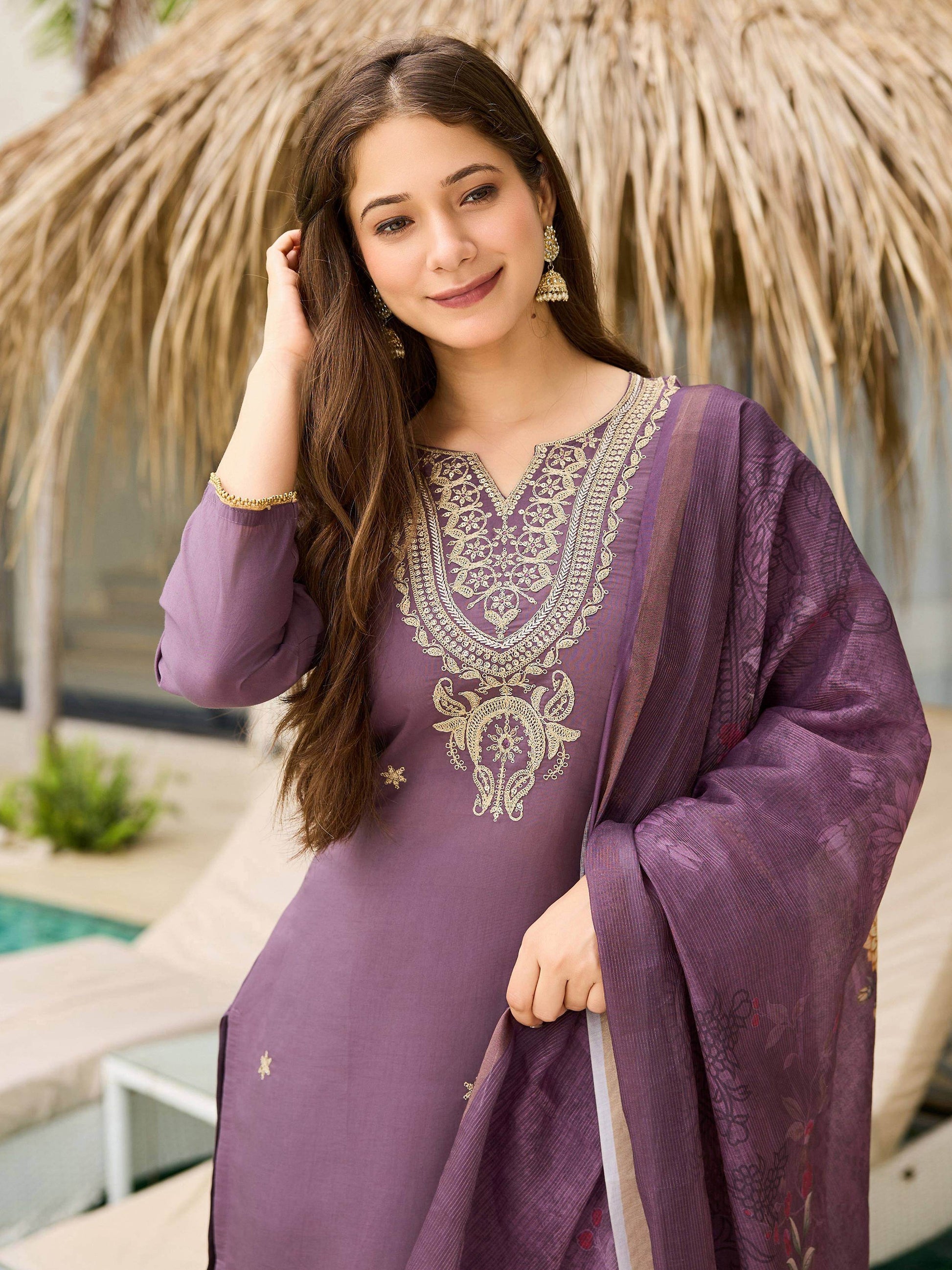 Fabulous Purple Rayon Thread Embroidered Event Wear Straight Suit