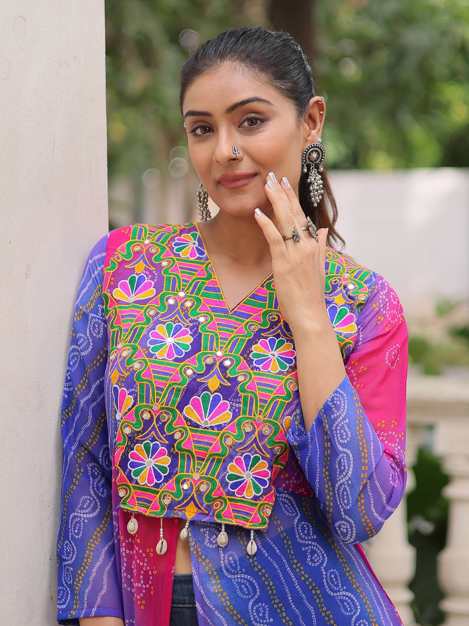 Dazzling Purple Georgette Patch Work High Slit Traditional Kurti