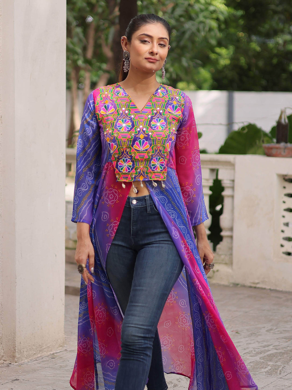 Dazzling Purple Georgette Patch Work High Slit Traditional Kurti