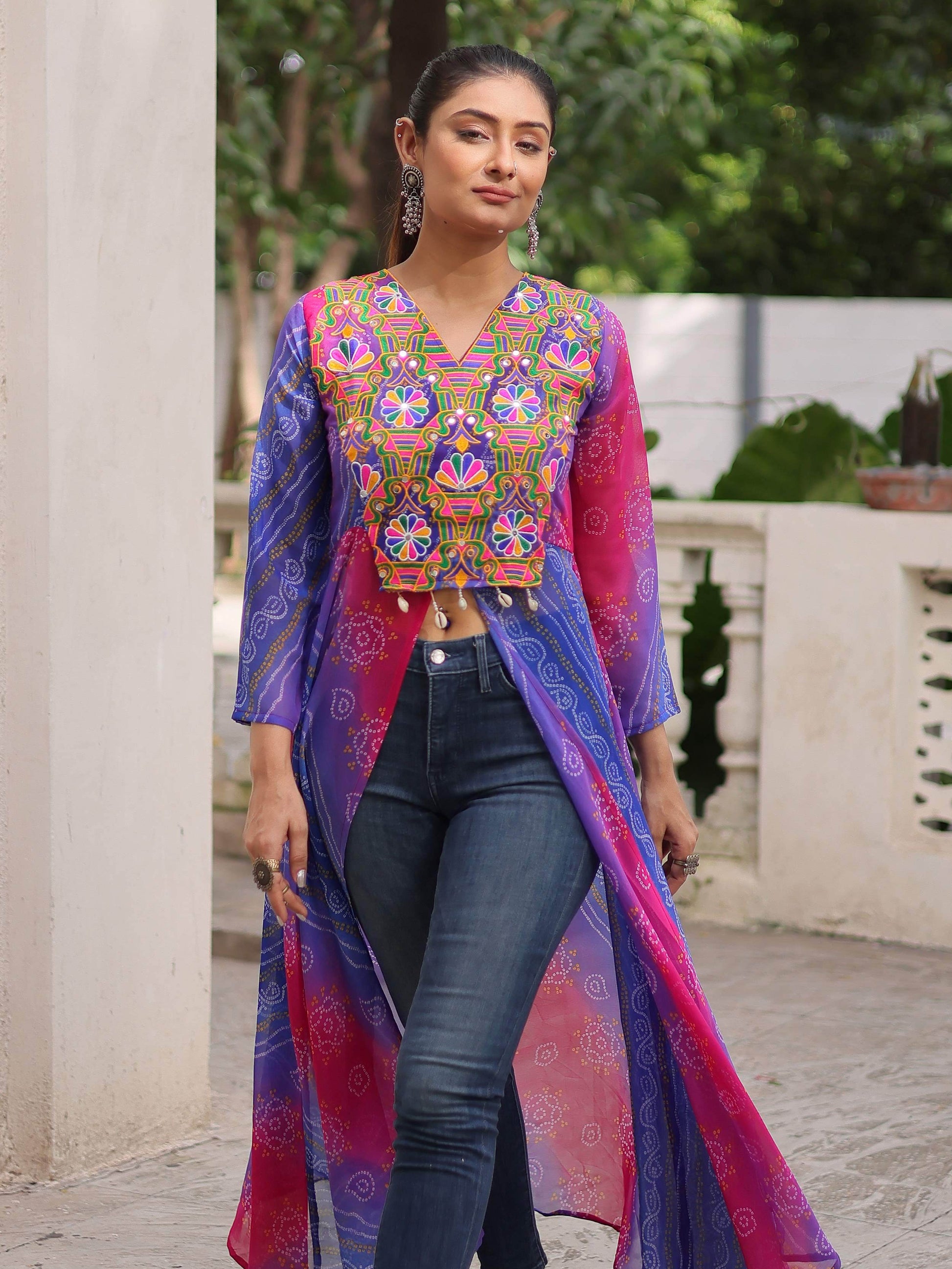 Dazzling Purple Georgette Patch Work High Slit Traditional Kurti