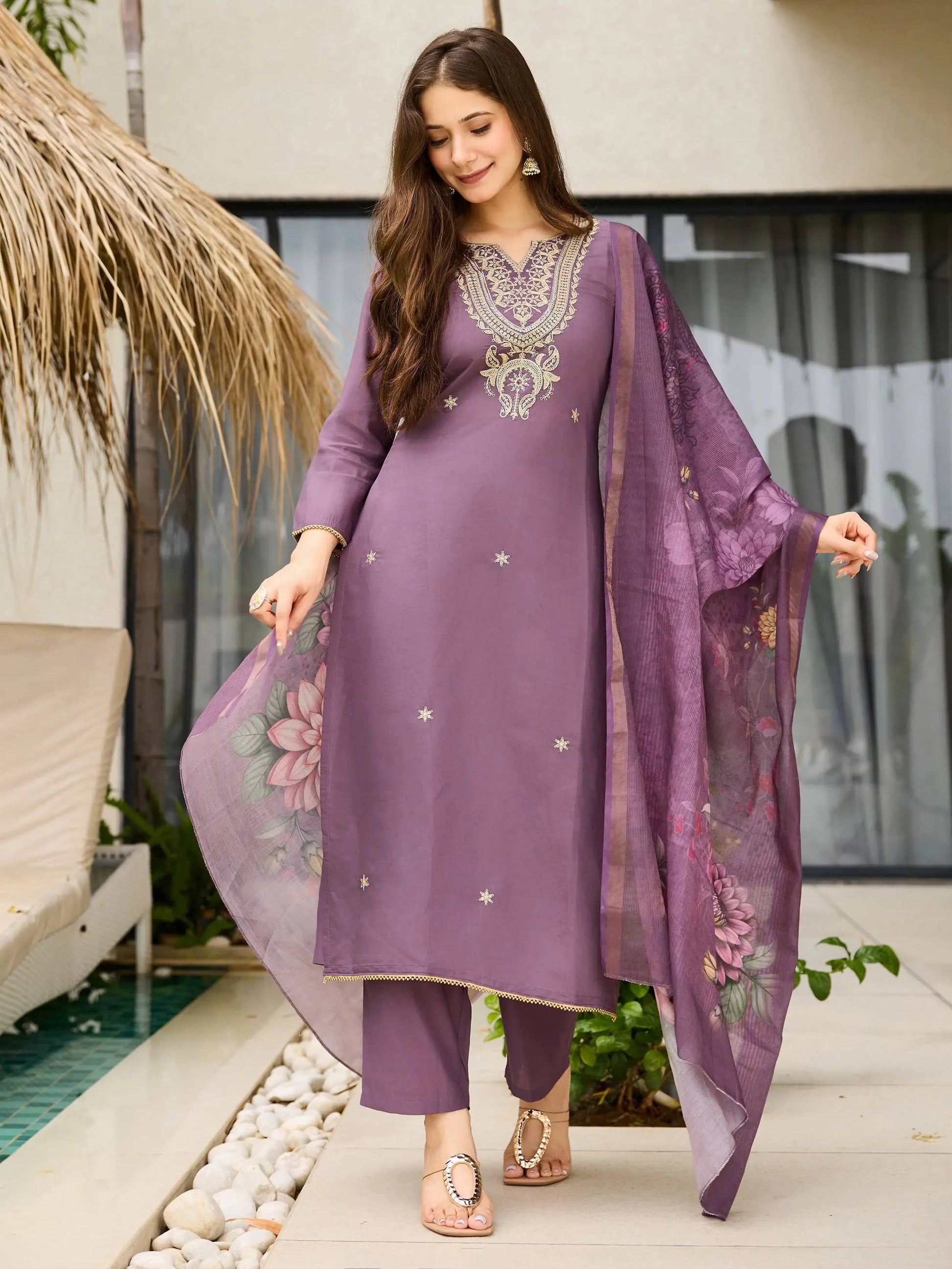 Fabulous Purple Rayon Thread Embroidered Event Wear Straight Suit