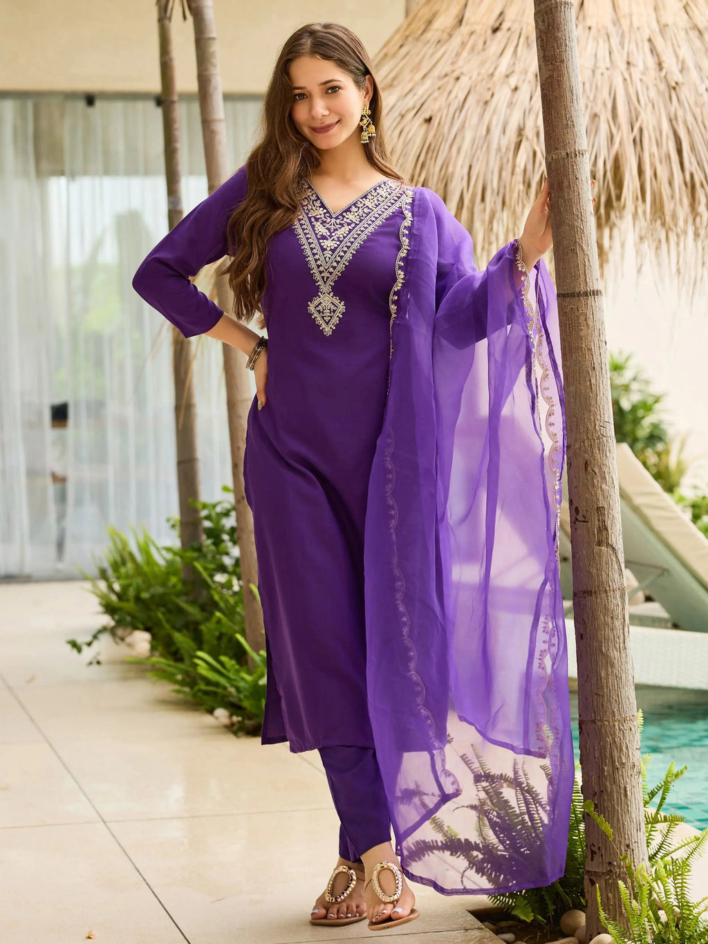 Gleaming Purple Rayon Embroidered Festival Wear Straight Suit