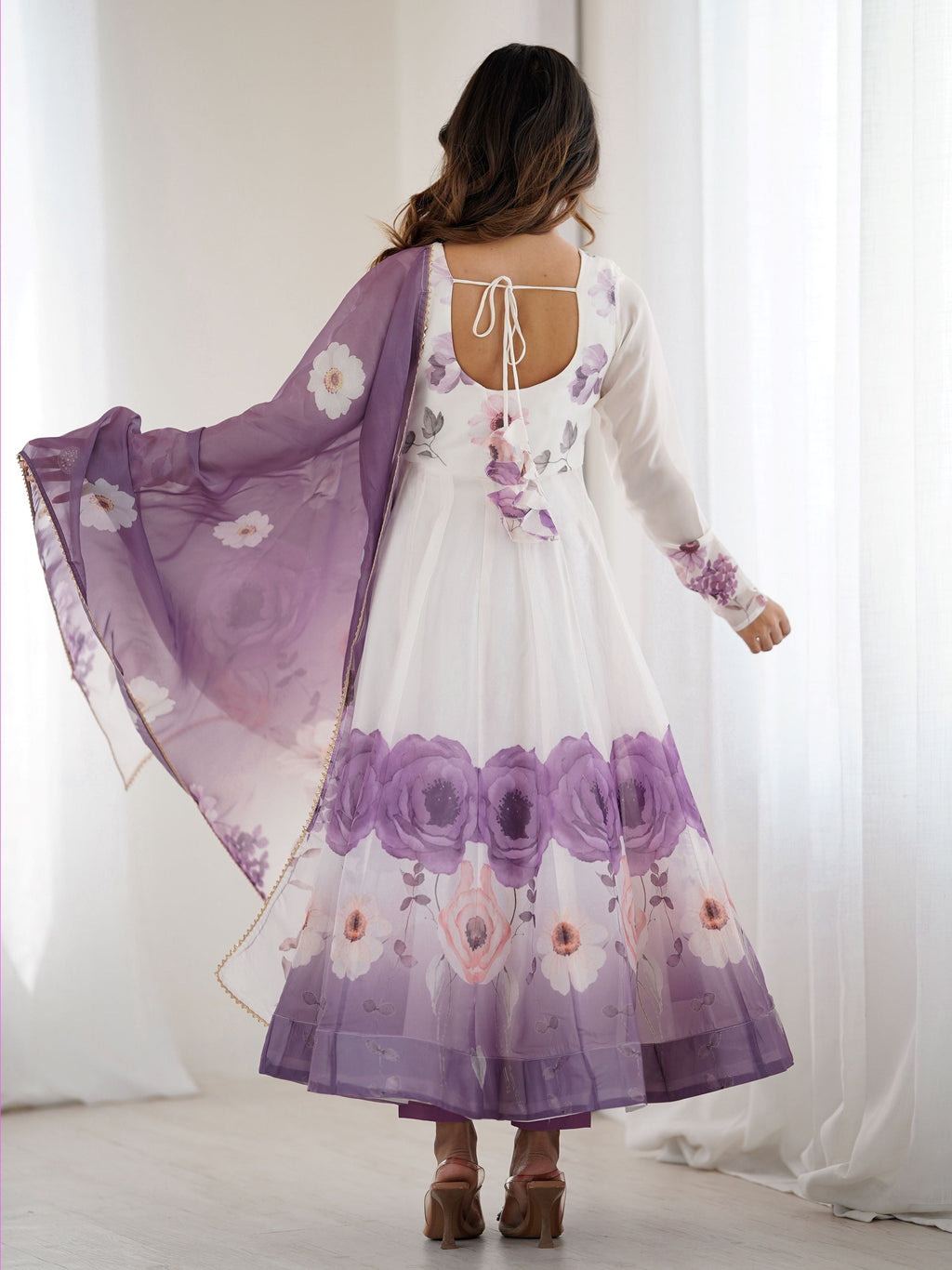 Pretty Purple Flower Printed Organza Traditional Anarkali Suit