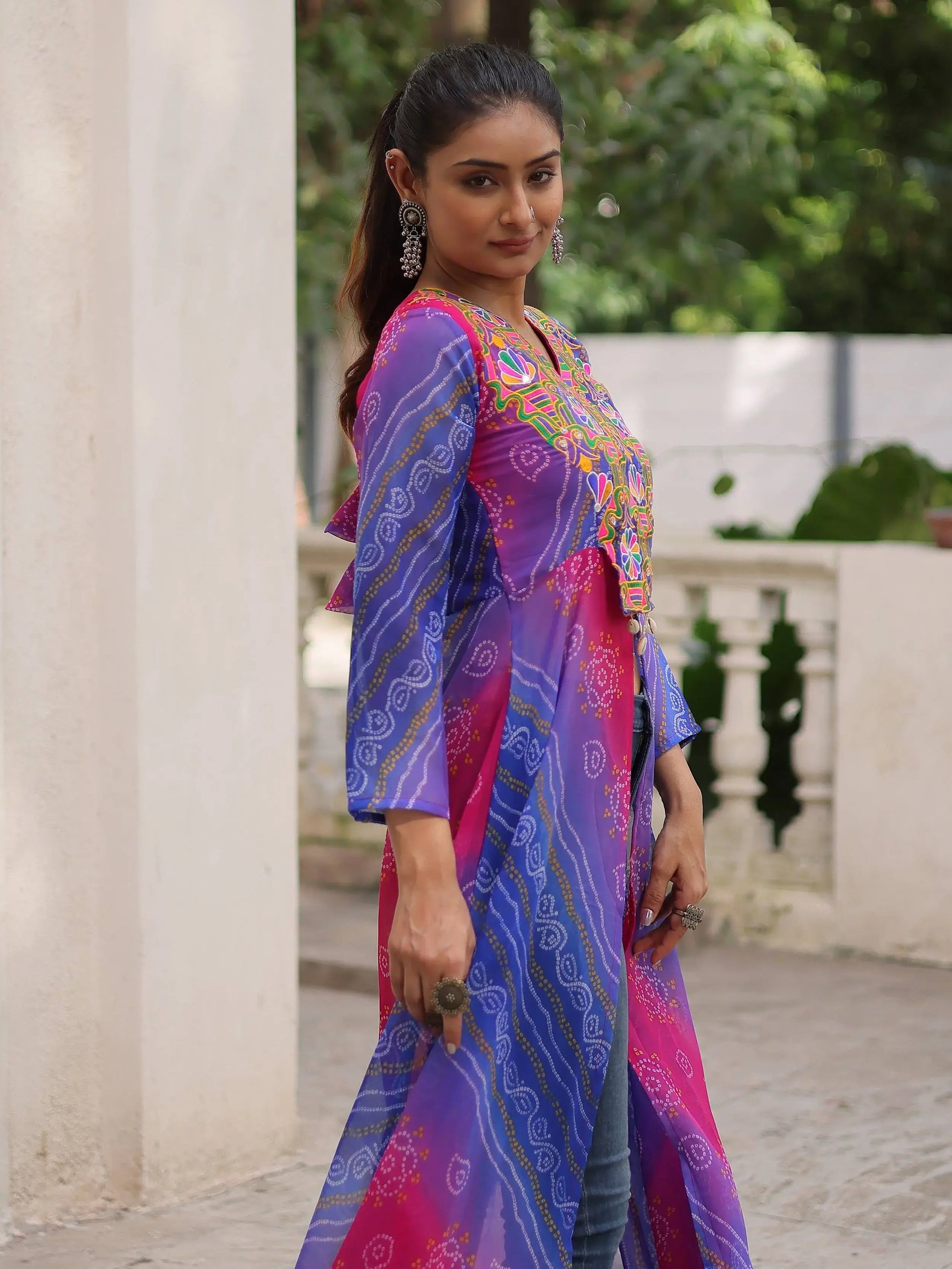 Dazzling Purple Georgette Patch Work High Slit Traditional Kurti