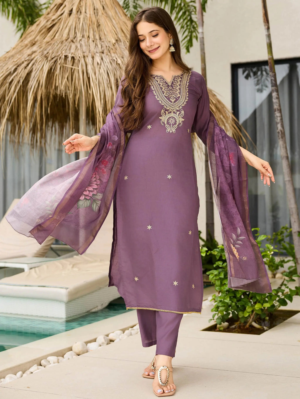 Fabulous Purple Rayon Thread Embroidered Event Wear Straight Suit